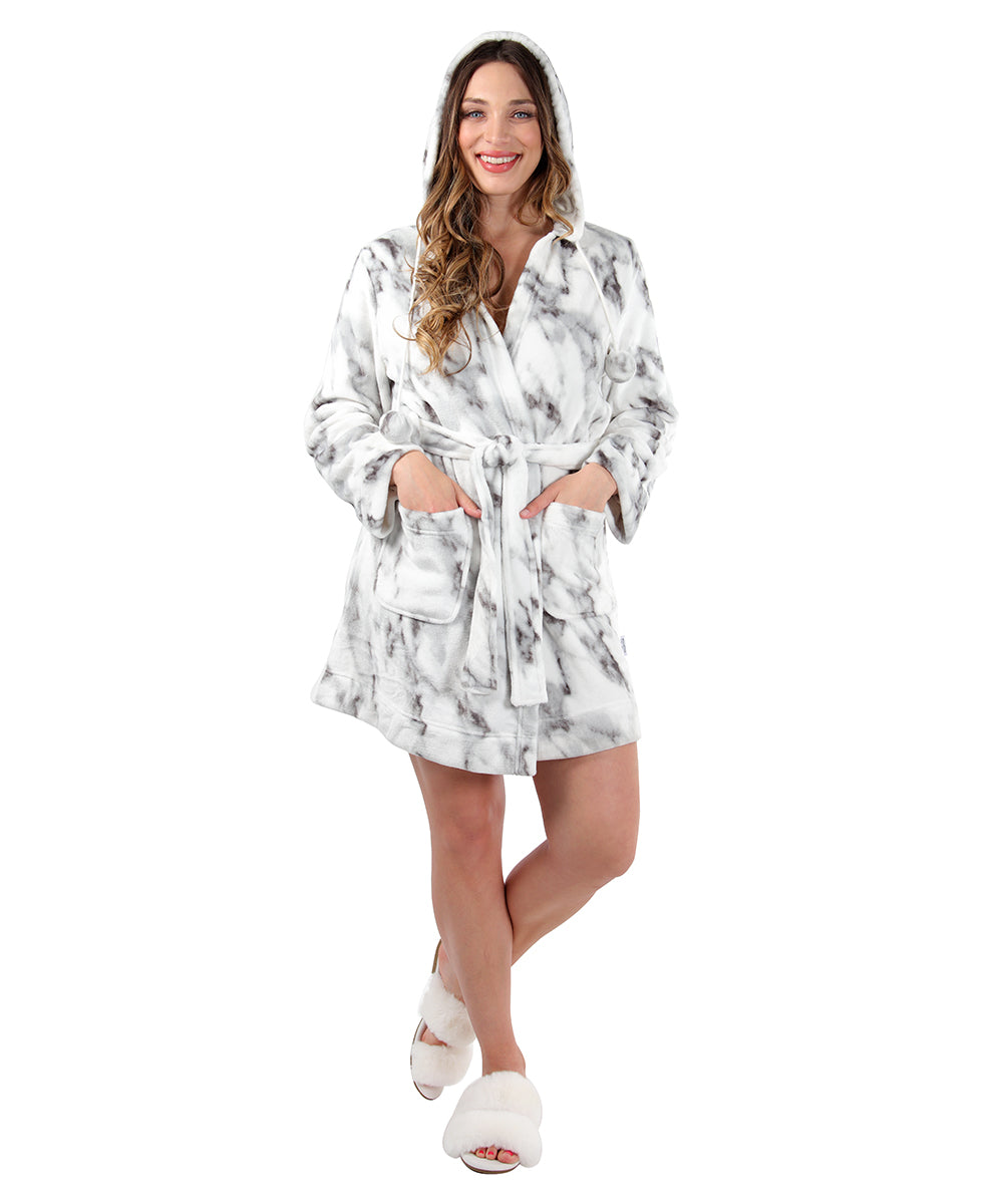 Women's Marble Plush Hooded Robe with Pom-Pom Drawstrings - Charming Charlie
