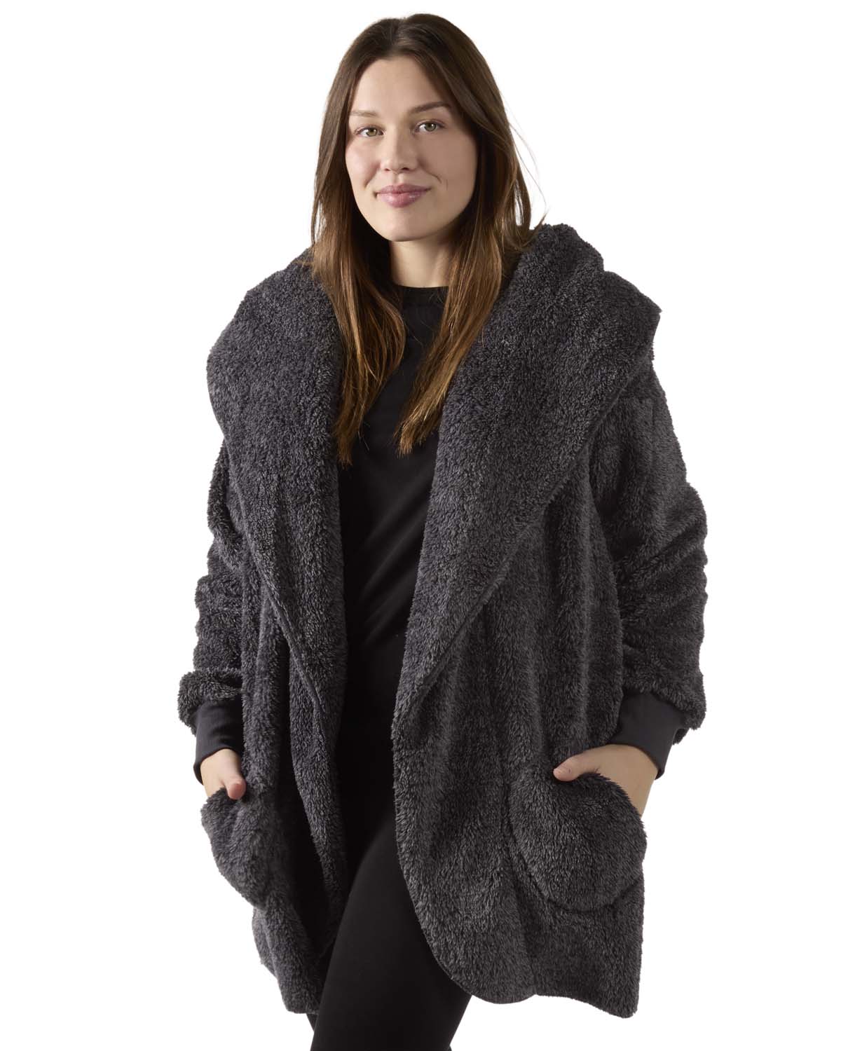 Women's Marled Plush Hooded Lounge Sweater with Shawl Collar - Charming Charlie