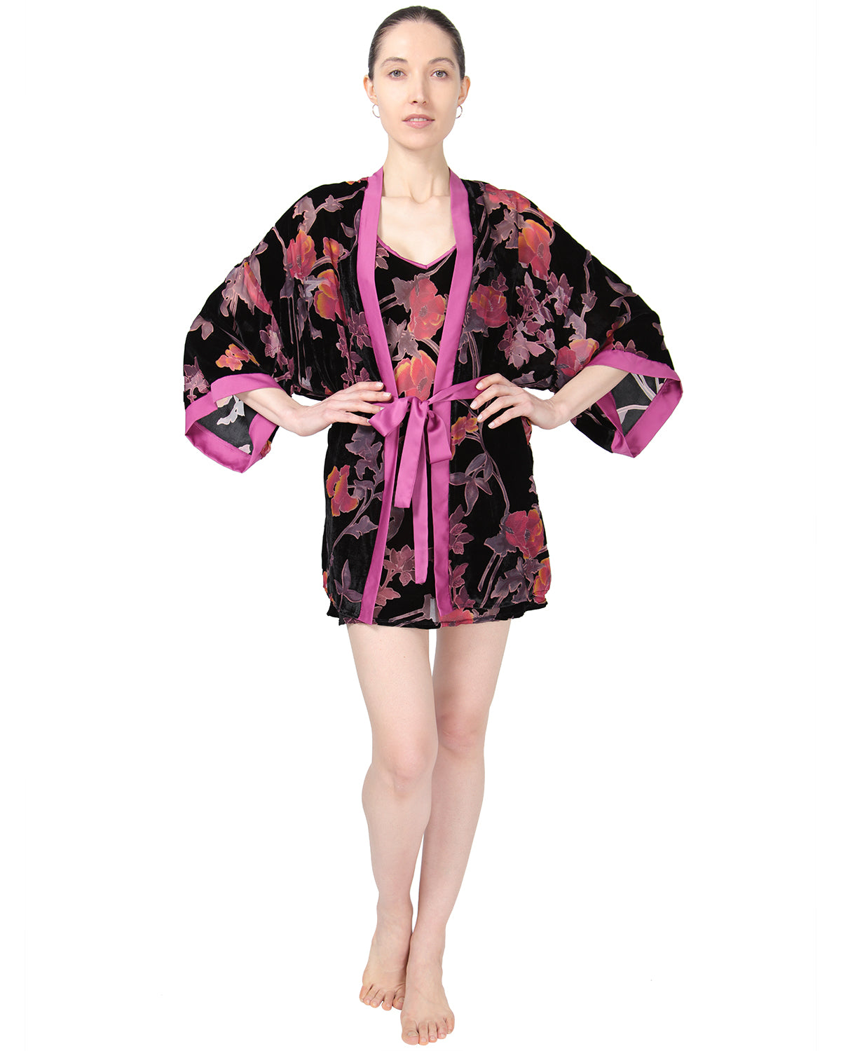 Women's Velvet Burnout Satin Trim Floral Kimono Robe - Charming Charlie