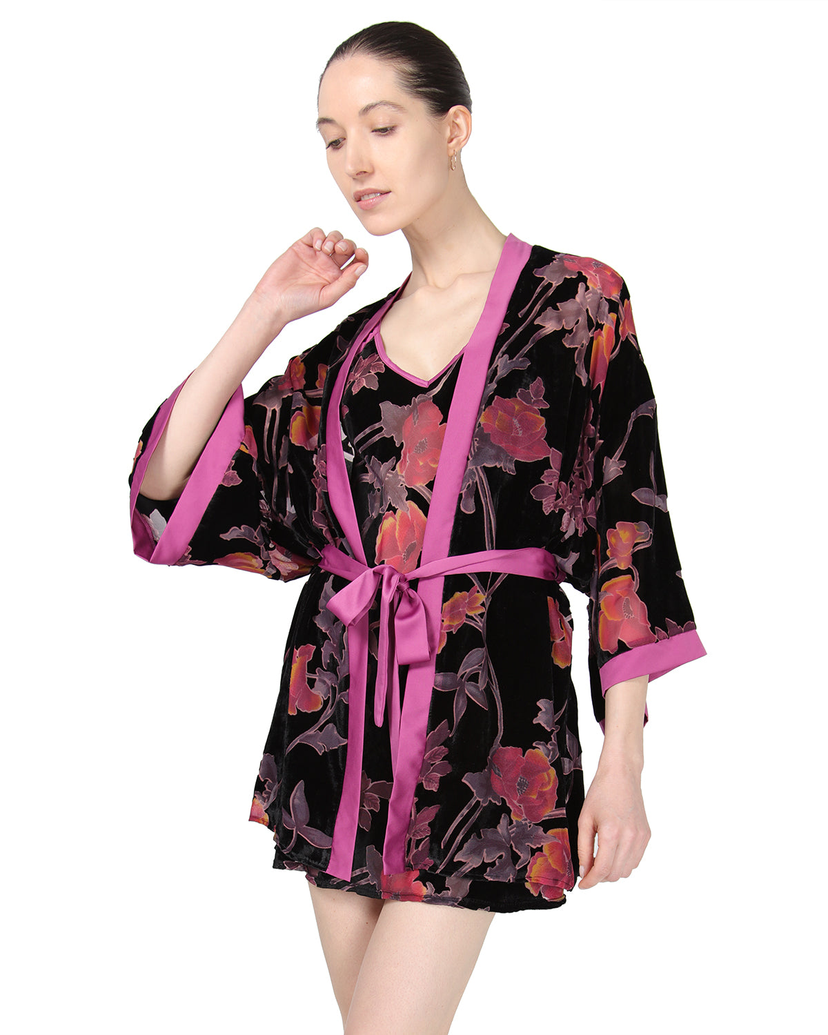 Women's Velvet Burnout Satin Trim Floral Kimono Robe - Charming Charlie