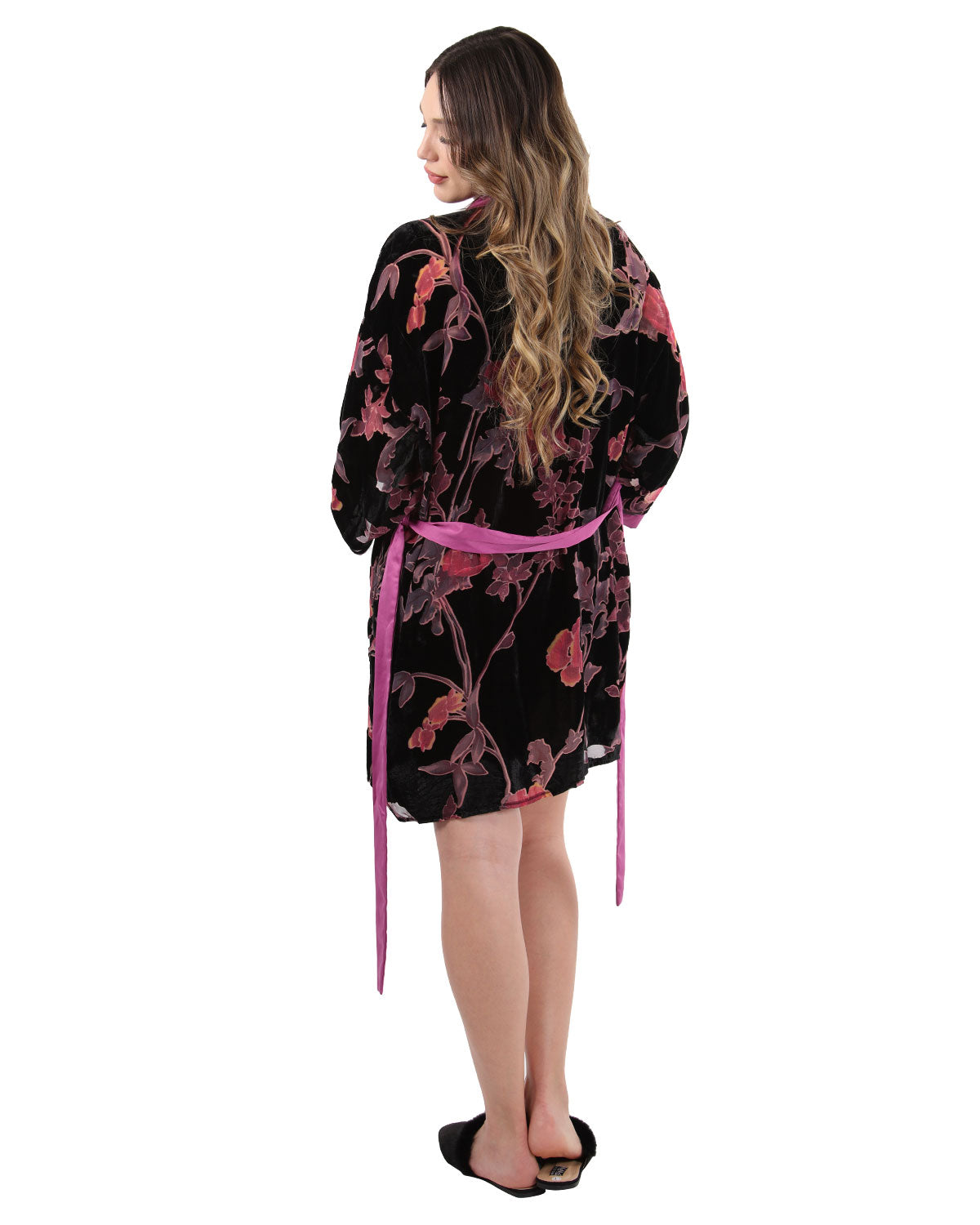 Women's Velvet Burnout Satin Trim Floral Kimono Robe - Charming Charlie
