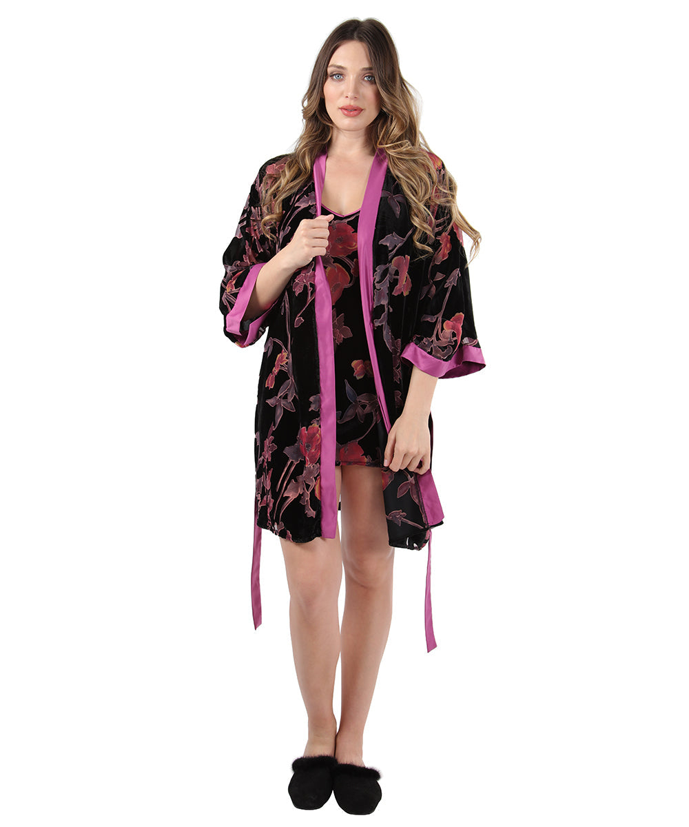 Women's Velvet Burnout Satin Trim Floral Kimono Robe - Charming Charlie