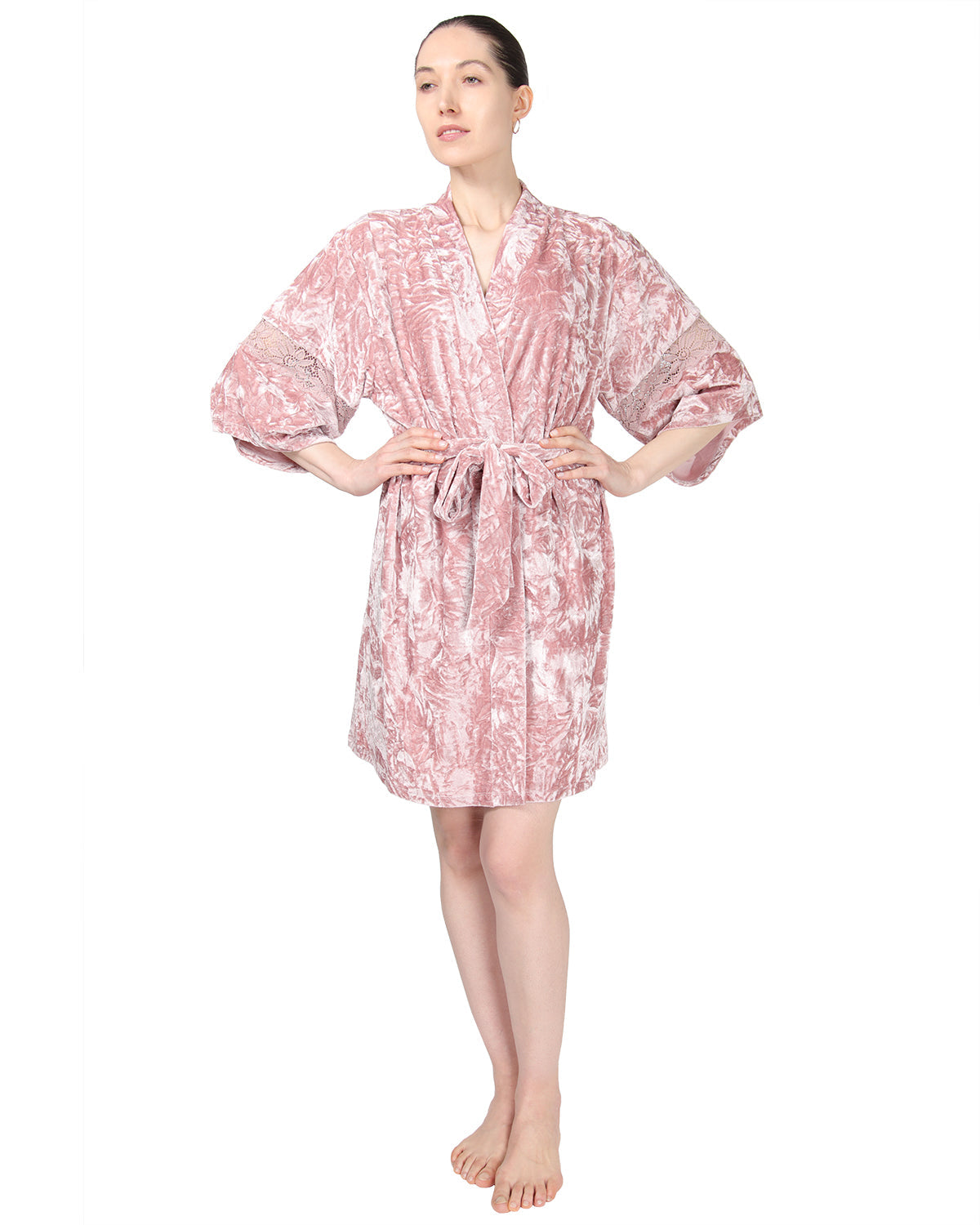 Women's Crushed Velvet Floral Lace Trim Kimono Robe - Charming Charlie