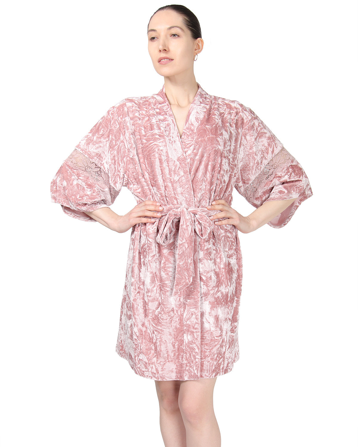 Women's Crushed Velvet Floral Lace Trim Kimono Robe - Charming Charlie
