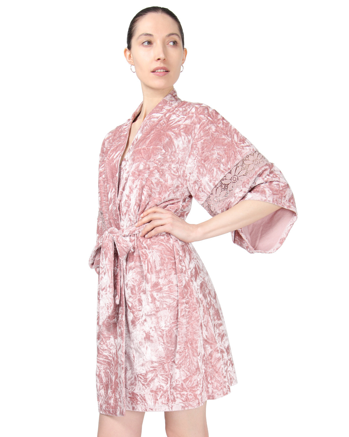 Women's Crushed Velvet Floral Lace Trim Kimono Robe - Charming Charlie