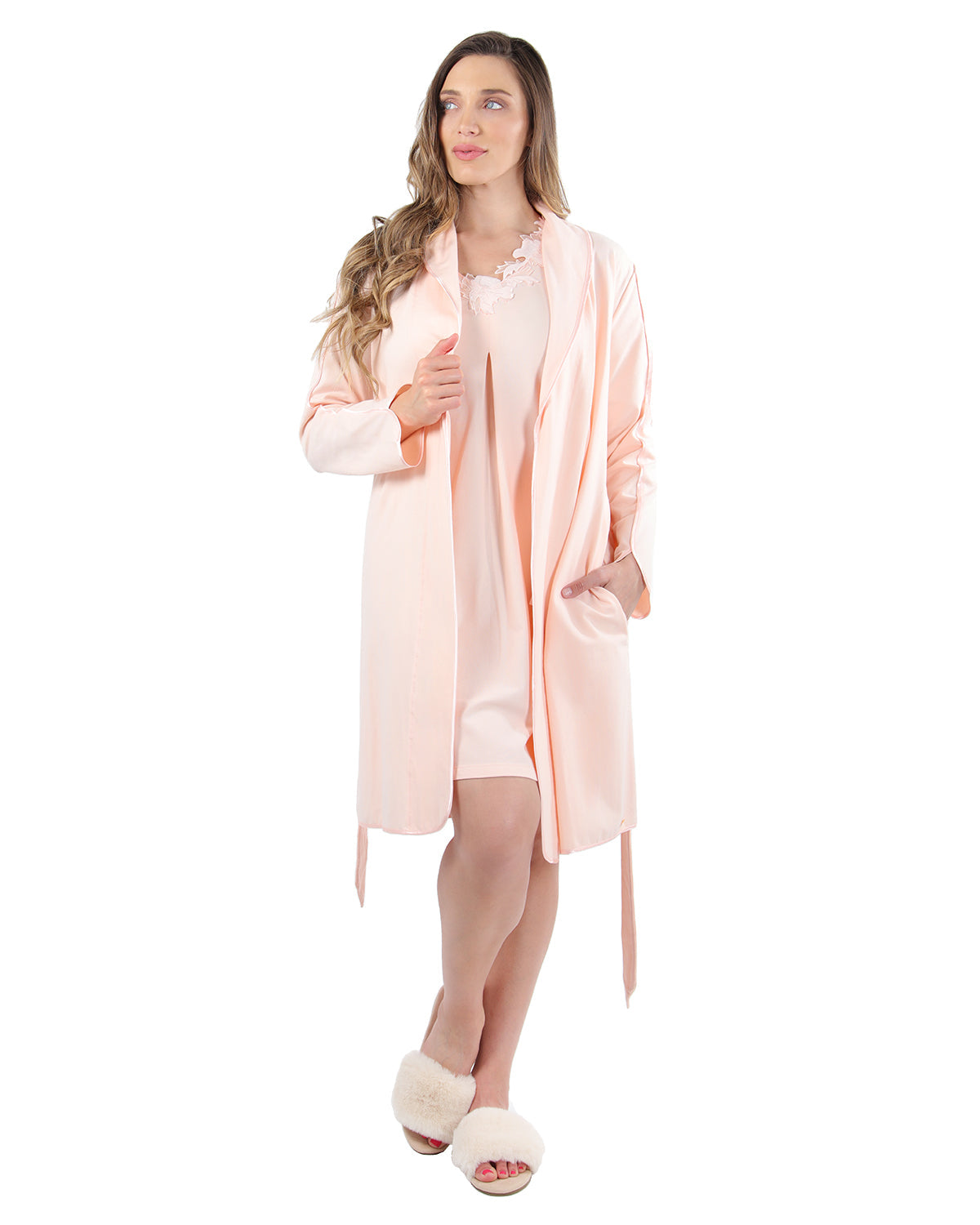 Women's Lace Applique Cotton Blend Robe with Satin Weave Trim - Charming Charlie
