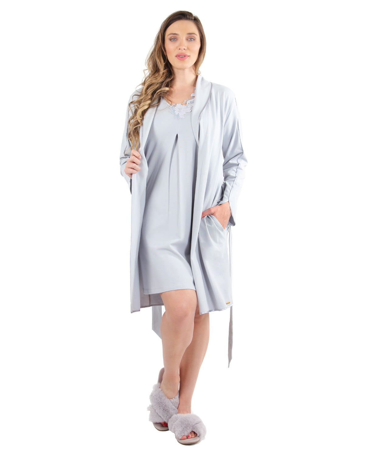 Women's Lace Applique Cotton Blend Robe with Satin Weave Trim - Charming Charlie