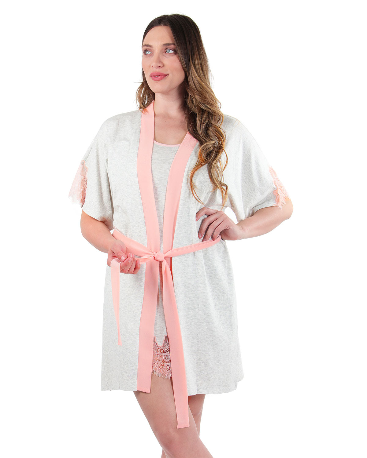 Women's Peach Pink Lace Trim Lightweight Cotton Blend Robe - Charming Charlie