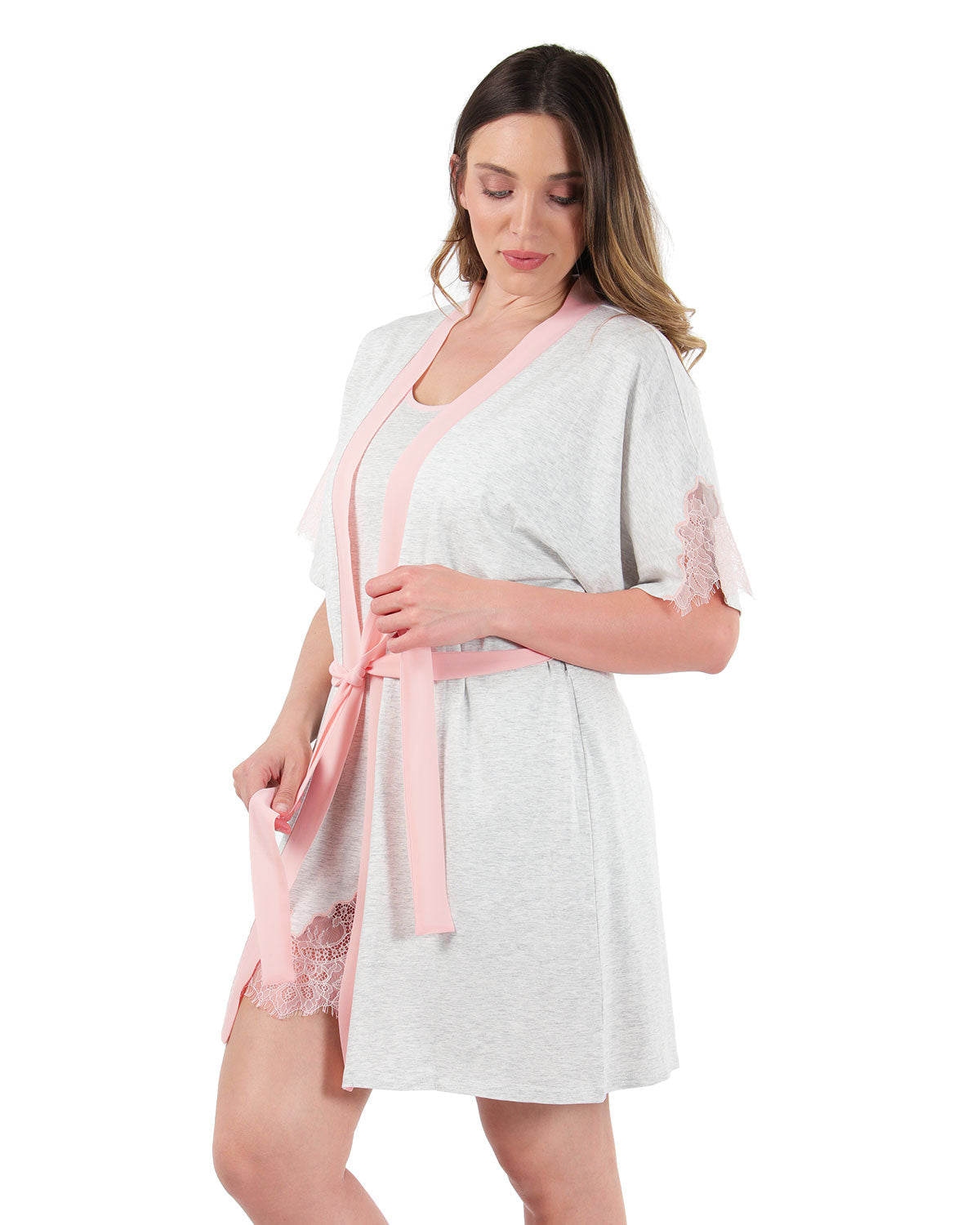 Women's Peach Pink Lace Trim Lightweight Cotton Blend Robe - Charming Charlie