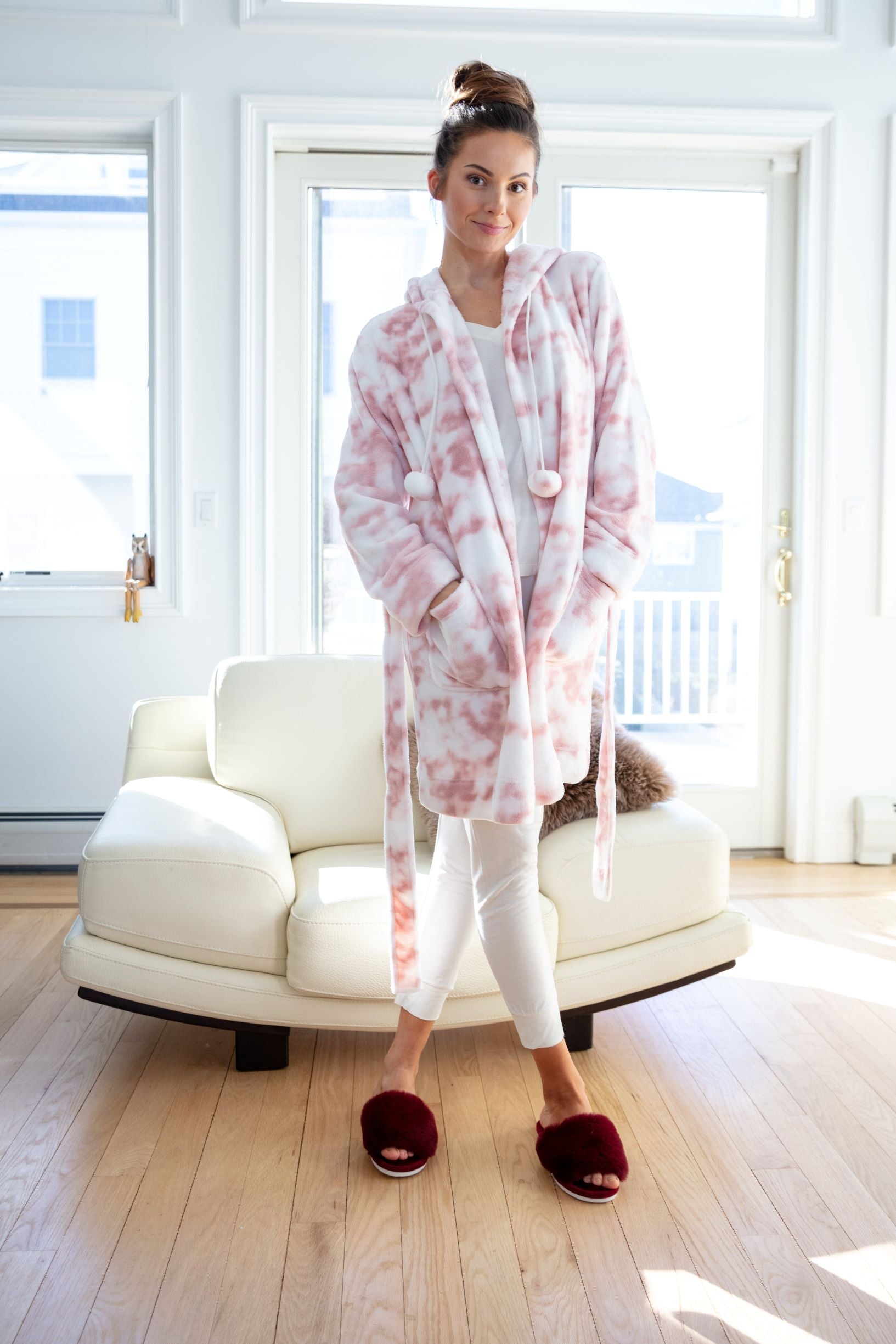 Women's Marble Luxe Fleece Plush Pom Pom Lounge Robe - Charming Charlie