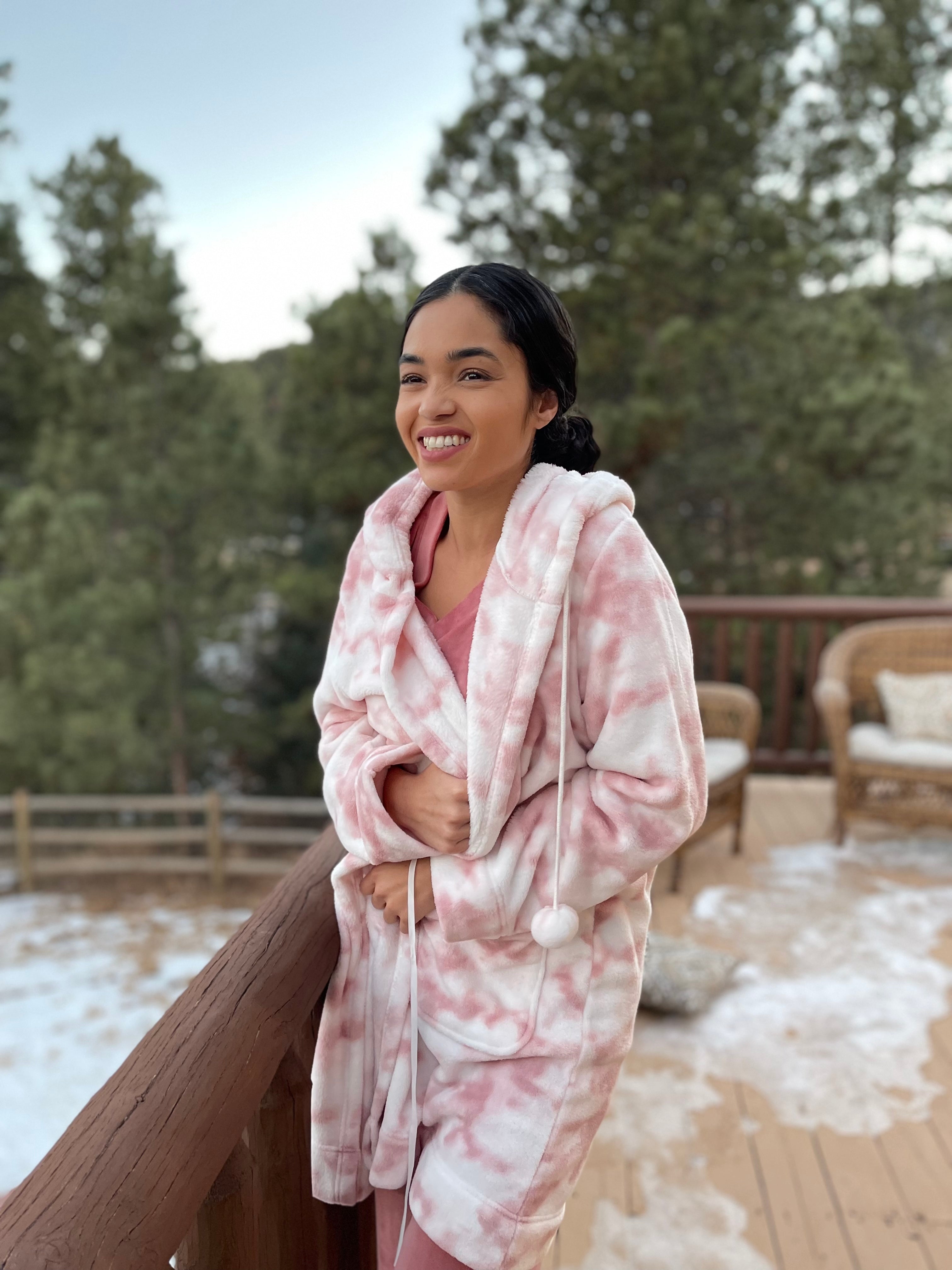Women's Marble Luxe Fleece Plush Pom Pom Lounge Robe - Charming Charlie