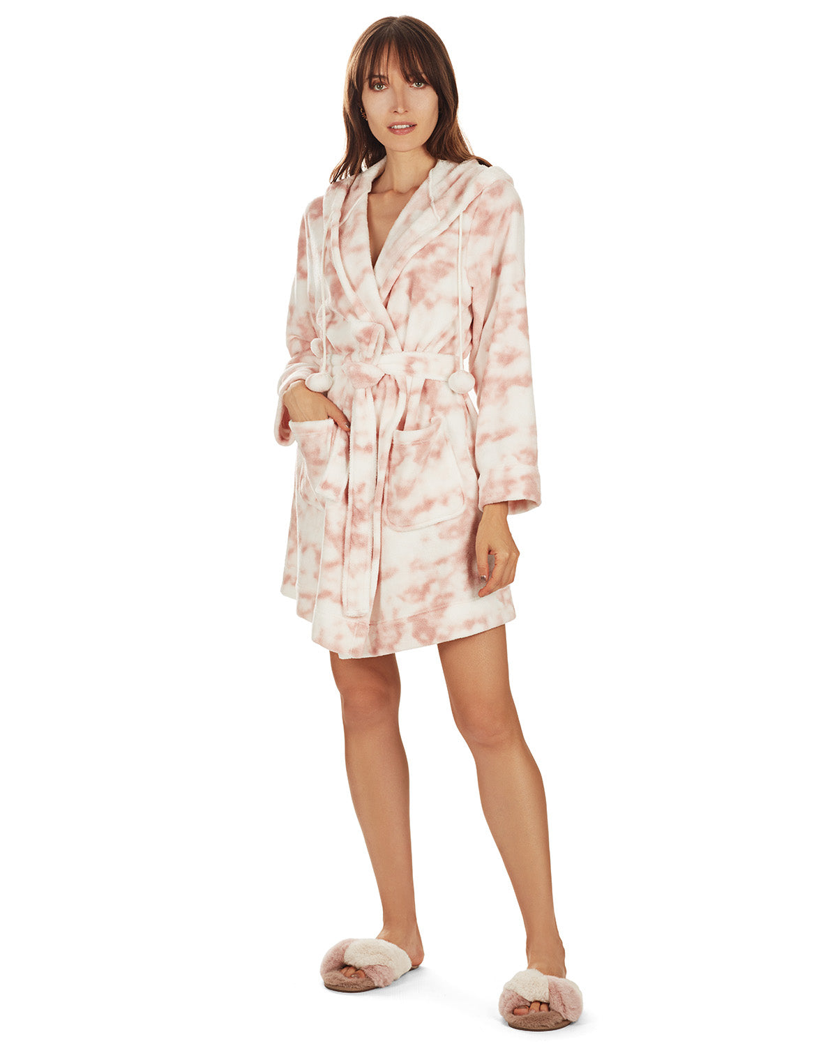 Women's Marble Luxe Fleece Plush Pom Pom Lounge Robe - Charming Charlie