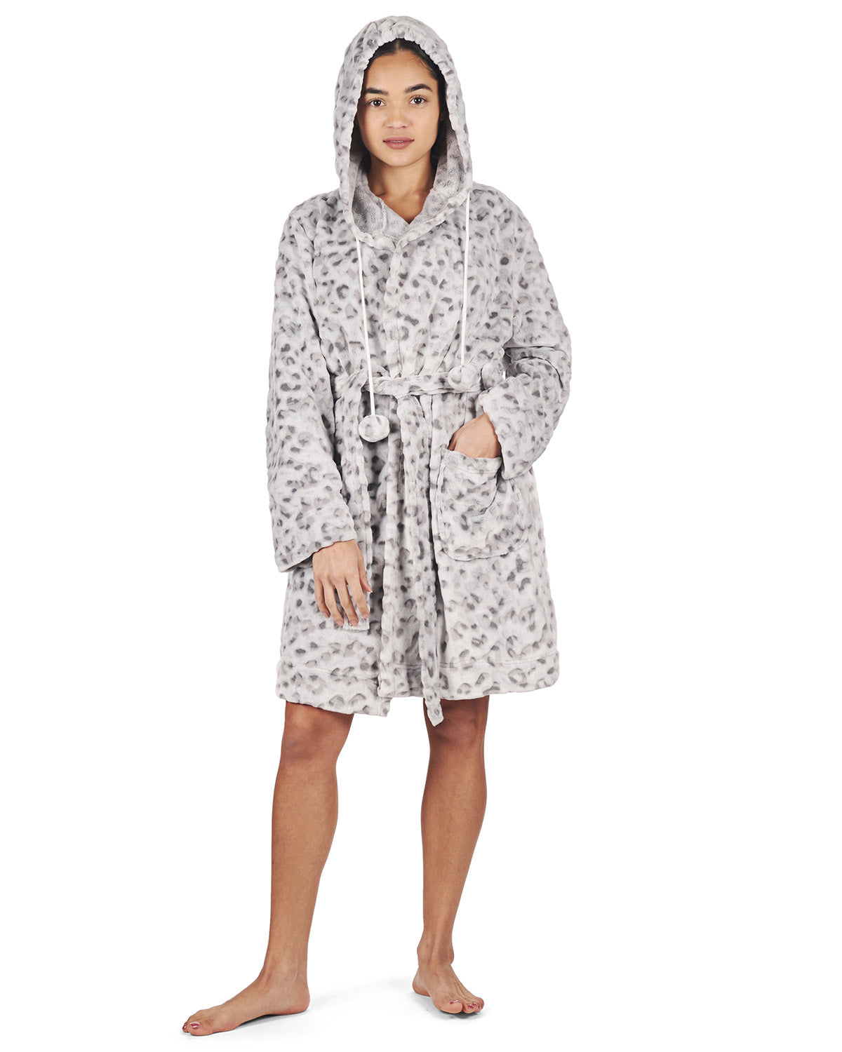 Women's Leopard Print Plush Robe with Pom-Pom Drawstrings - Charming Charlie