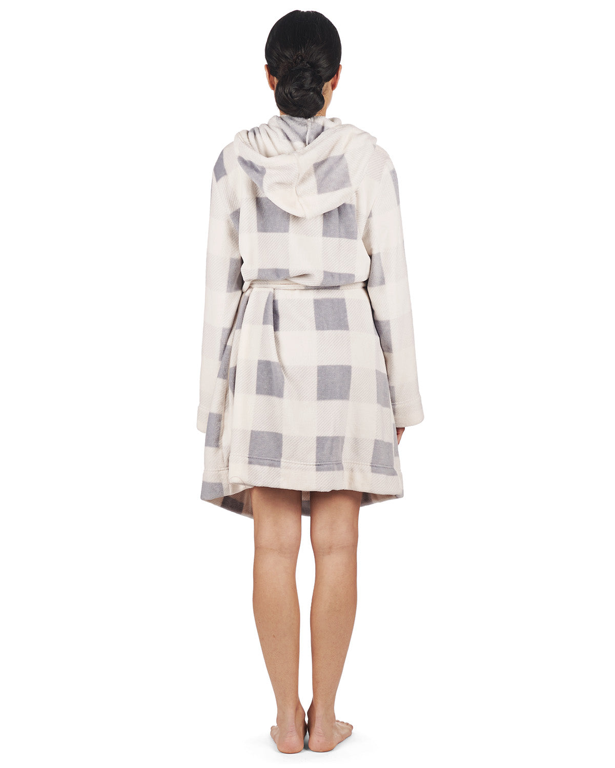 Women's Plaid Plush Hooded Robe with Pom-Pom Drawstrings - Charming Charlie