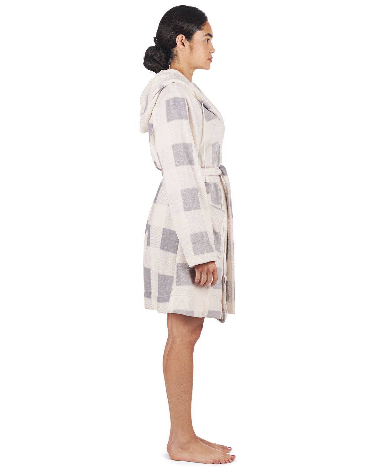 Women's Plaid Plush Hooded Robe with Pom-Pom Drawstrings - Charming Charlie