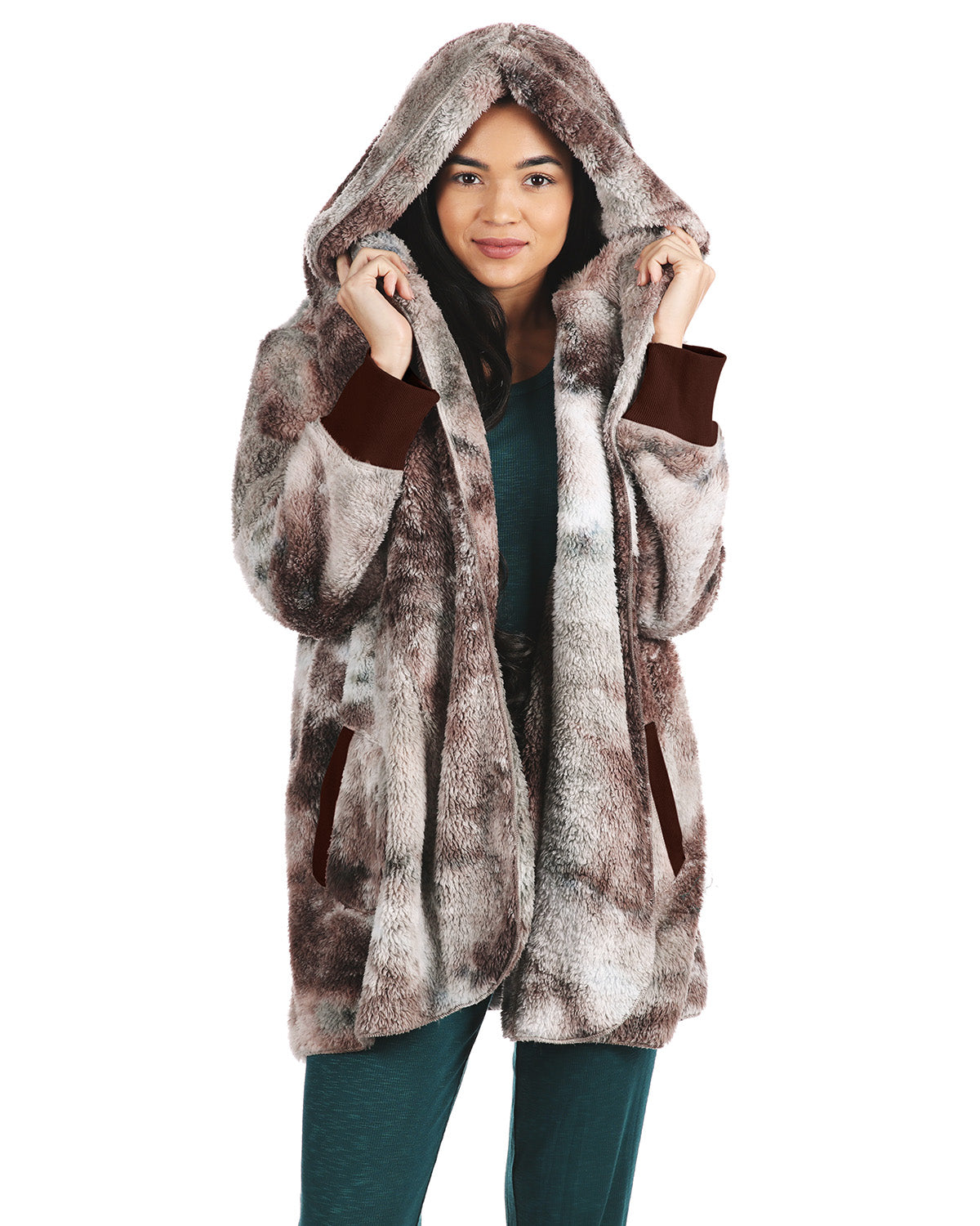 Women's Tie Dye Plush Hooded Cardigan Sweater - Charming Charlie