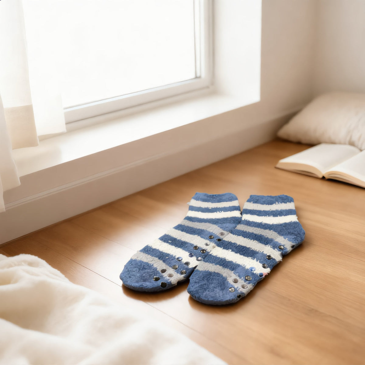Cozy Blue & White Striped Non-Slip Fuzzy Socks - Charming Charlie