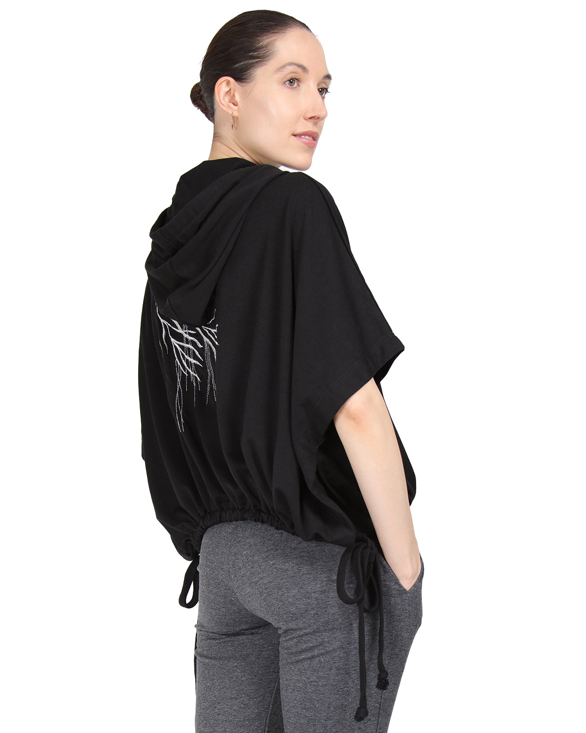 Women's Hooded Cotton Blend Cape with Tie Detail and Embroidery - Charming Charlie