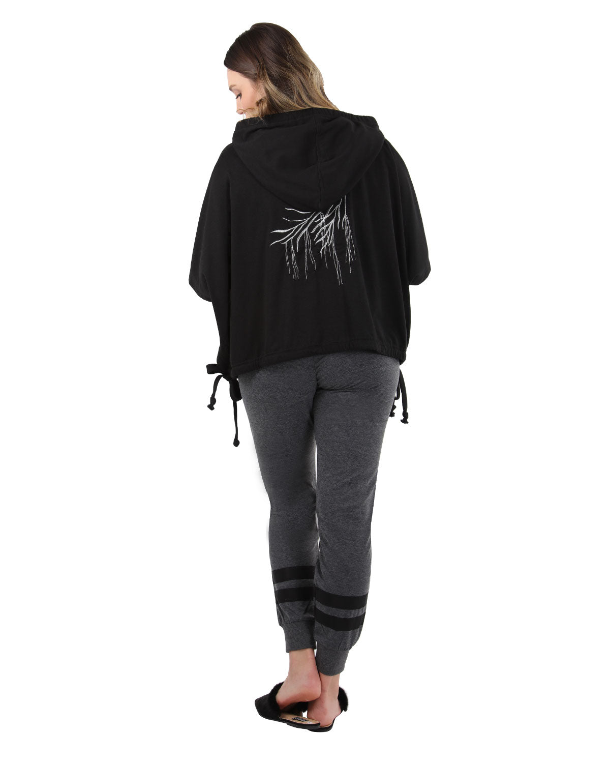 Women's Hooded Cotton Blend Cape with Tie Detail and Embroidery - Charming Charlie