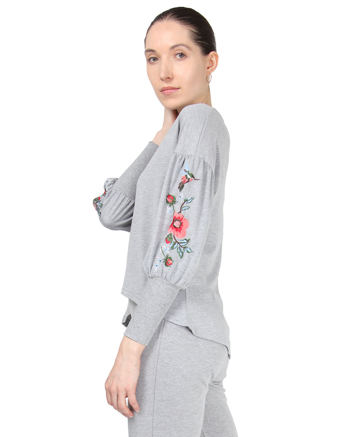 Women's Oversized Dropped Sleeve Top with Ribbed Cuff and Embroidery - Charming Charlie