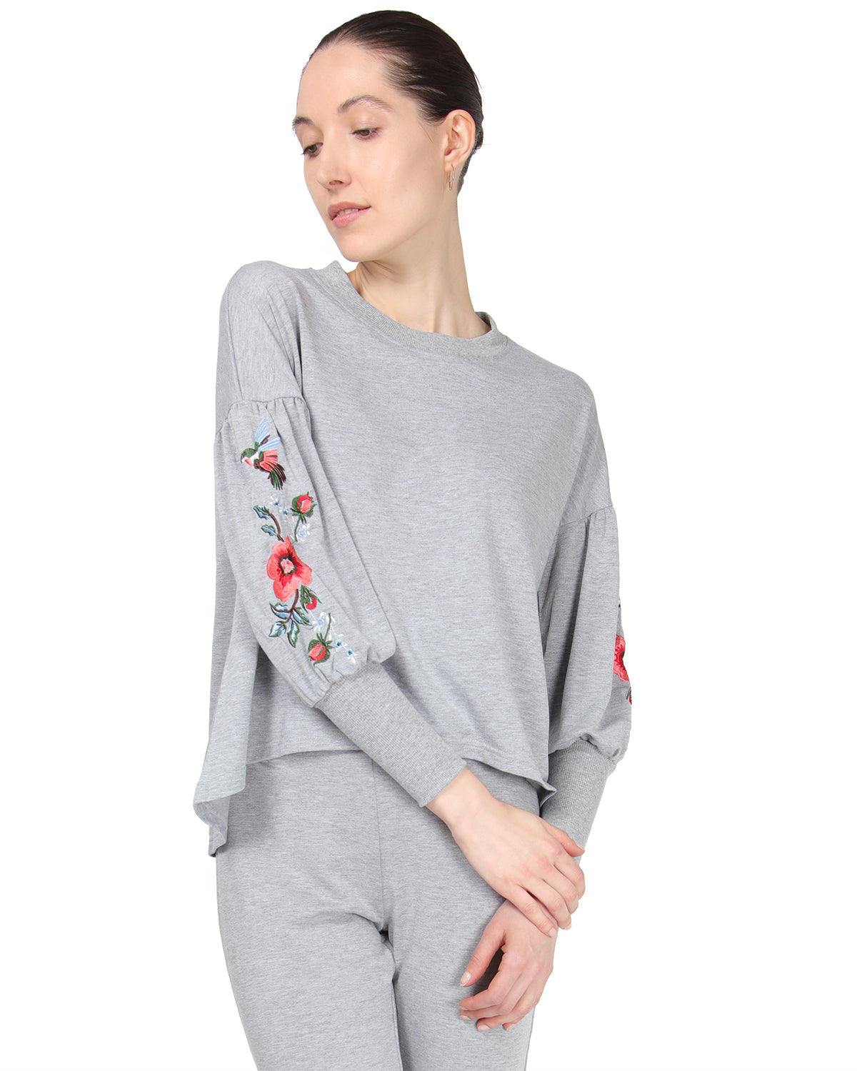 Women's Oversized Dropped Sleeve Top with Ribbed Cuff and Embroidery - Charming Charlie
