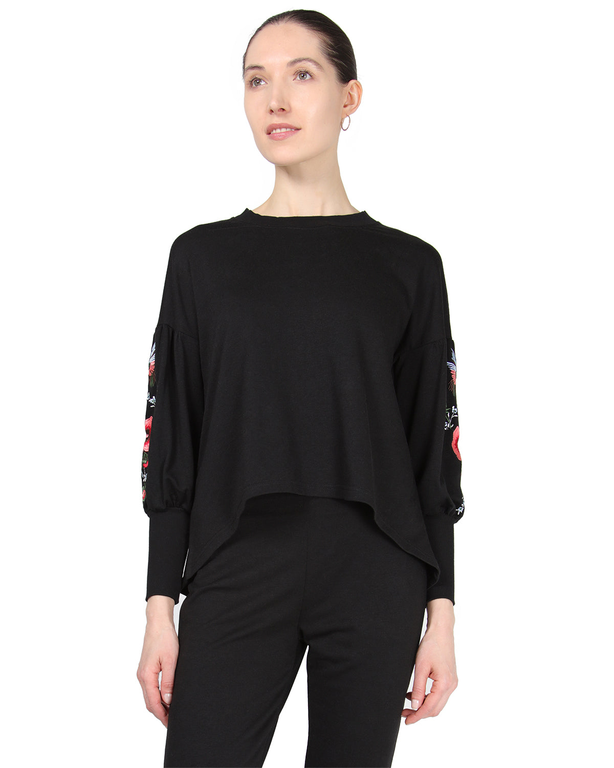 Women's Oversized Dropped Sleeve Top with Ribbed Cuff and Embroidery - Charming Charlie