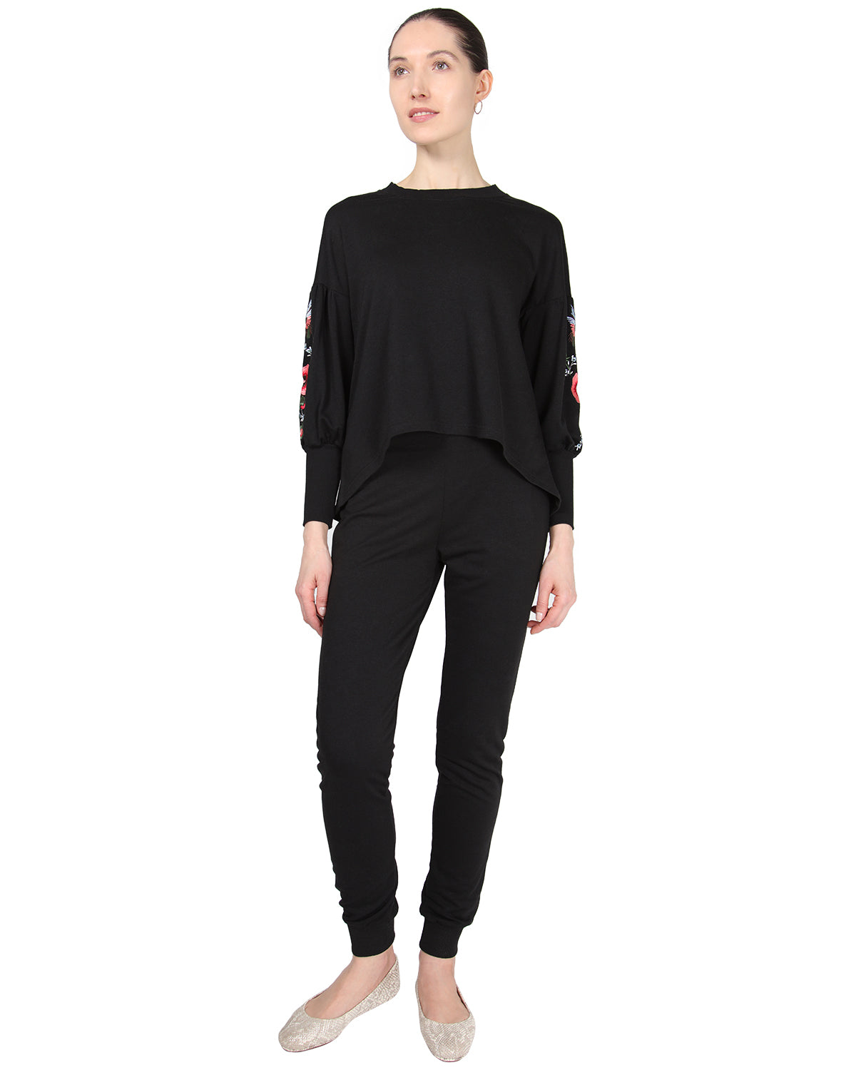 Women's Oversized Dropped Sleeve Top with Ribbed Cuff and Embroidery - Charming Charlie