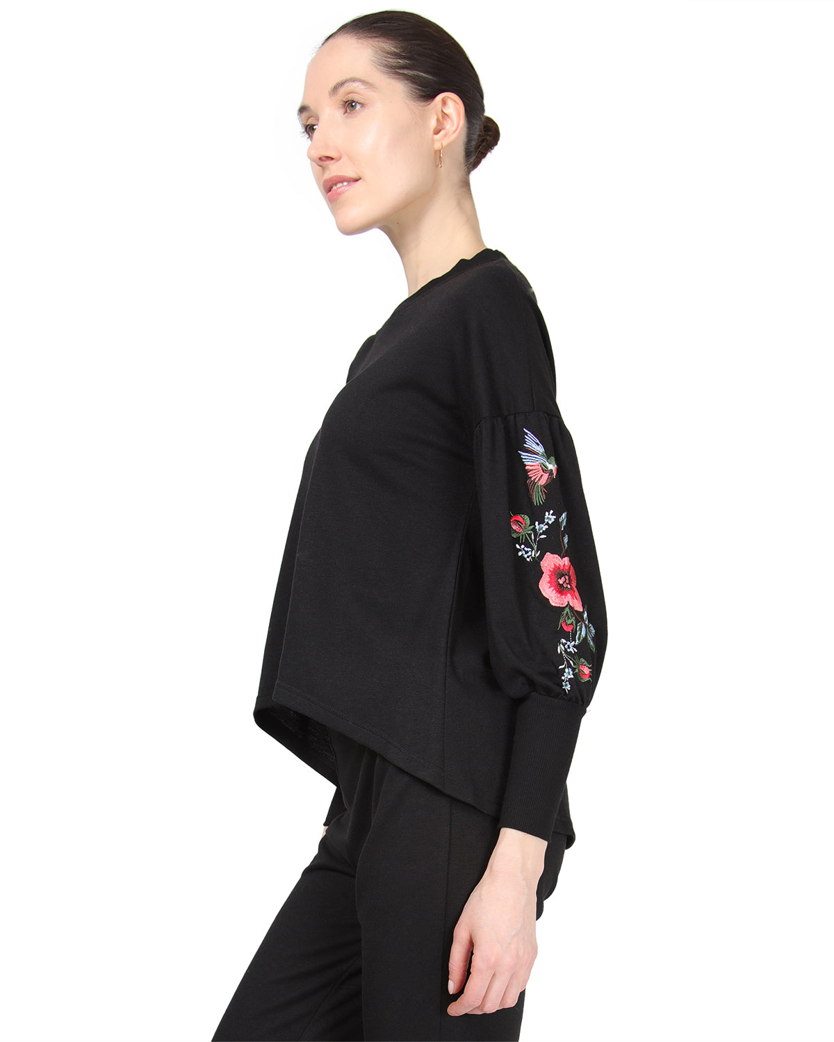 Women's Oversized Dropped Sleeve Top with Ribbed Cuff and Embroidery - Charming Charlie