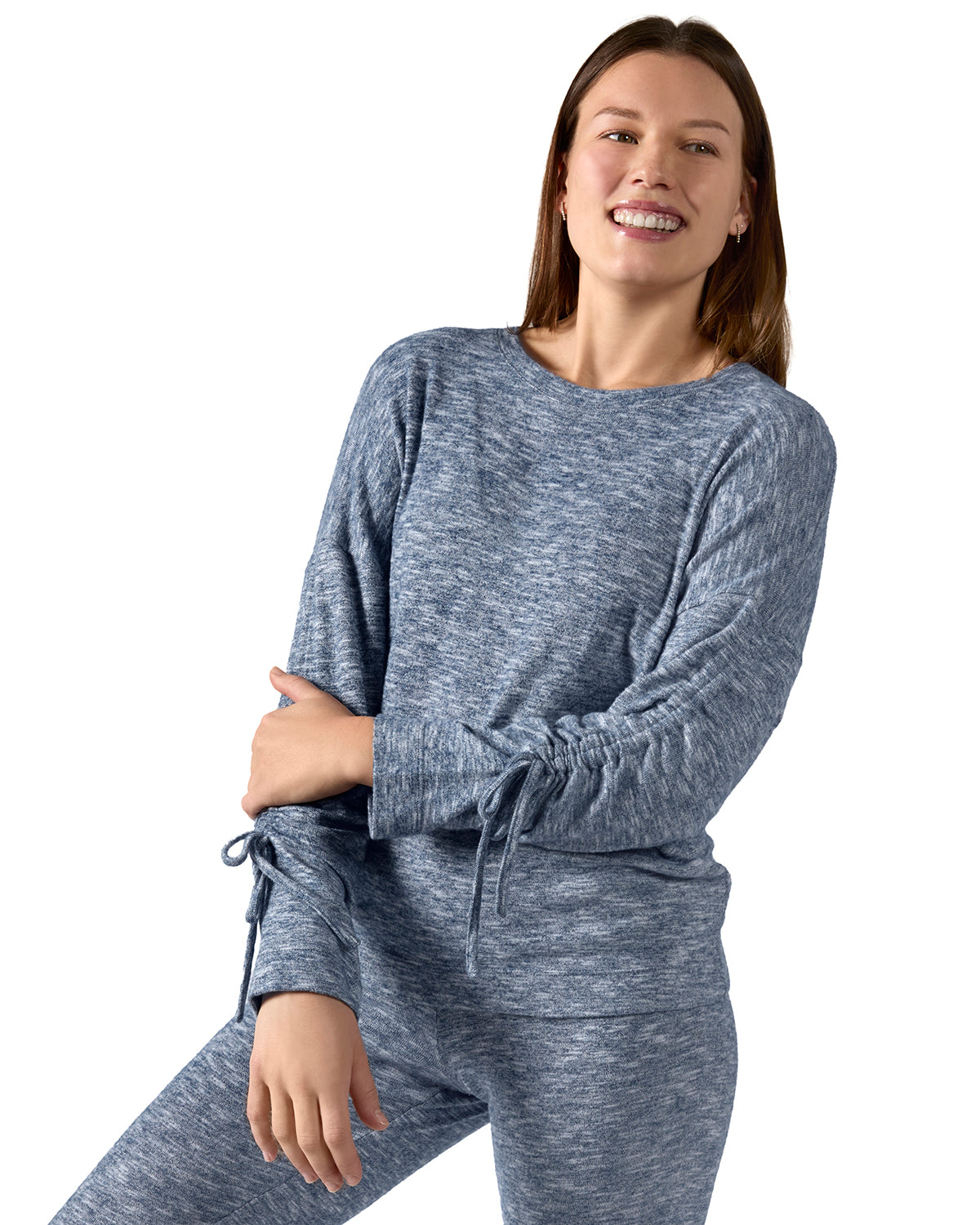 Women's Lounge Pull-Over Top with Ruched Tied Sleeves - Charming Charlie