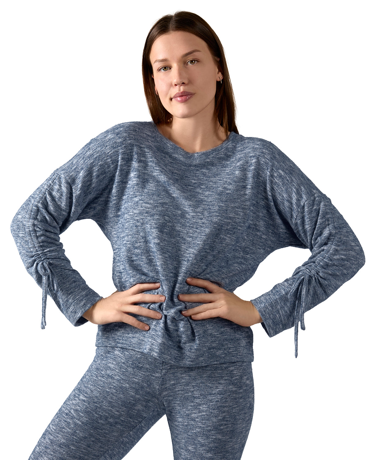 Women's Lounge Pull-Over Top with Ruched Tied Sleeves - Charming Charlie