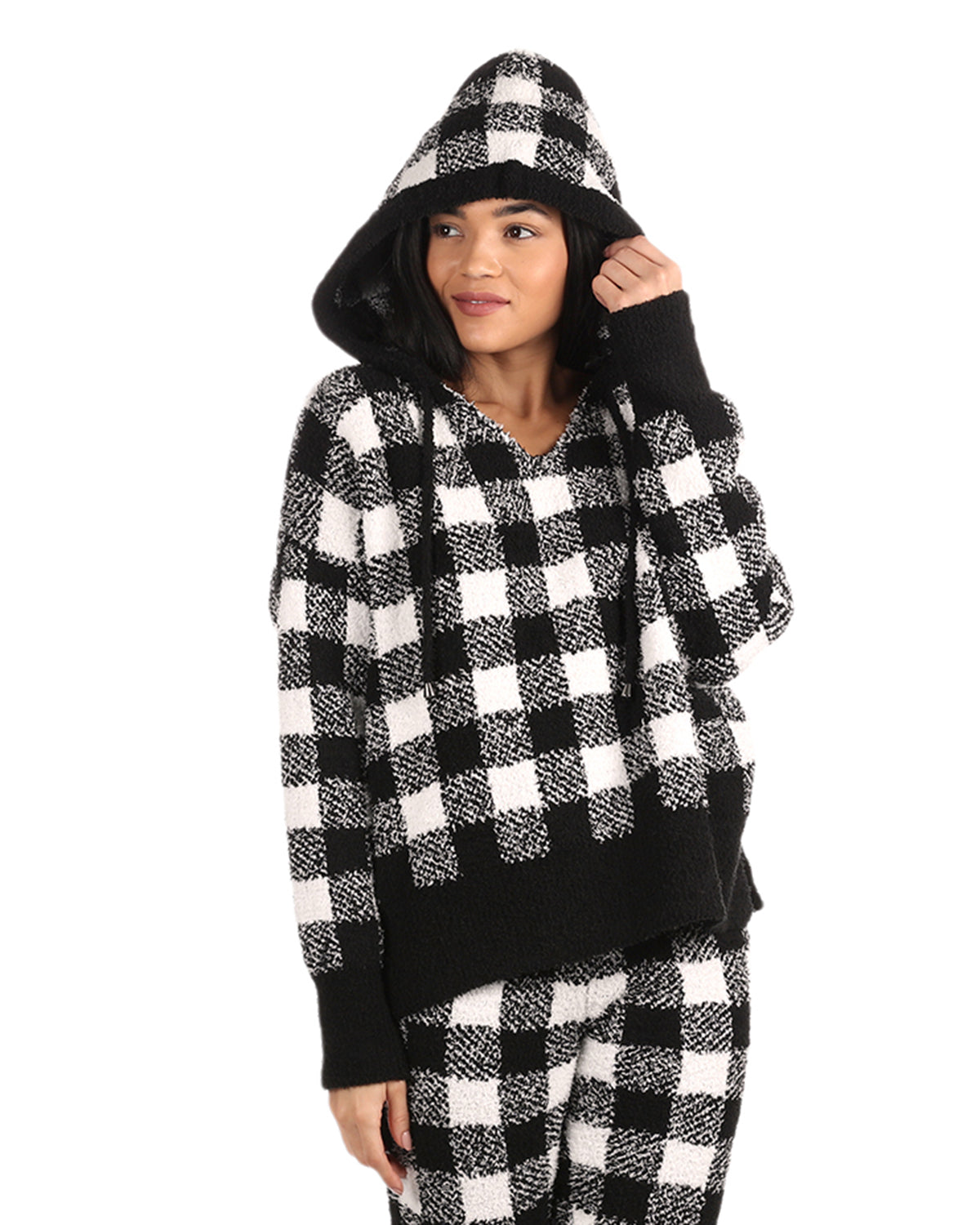 Women's Buffalo Check Cozy Knit Drawstring Hoodie - Charming Charlie
