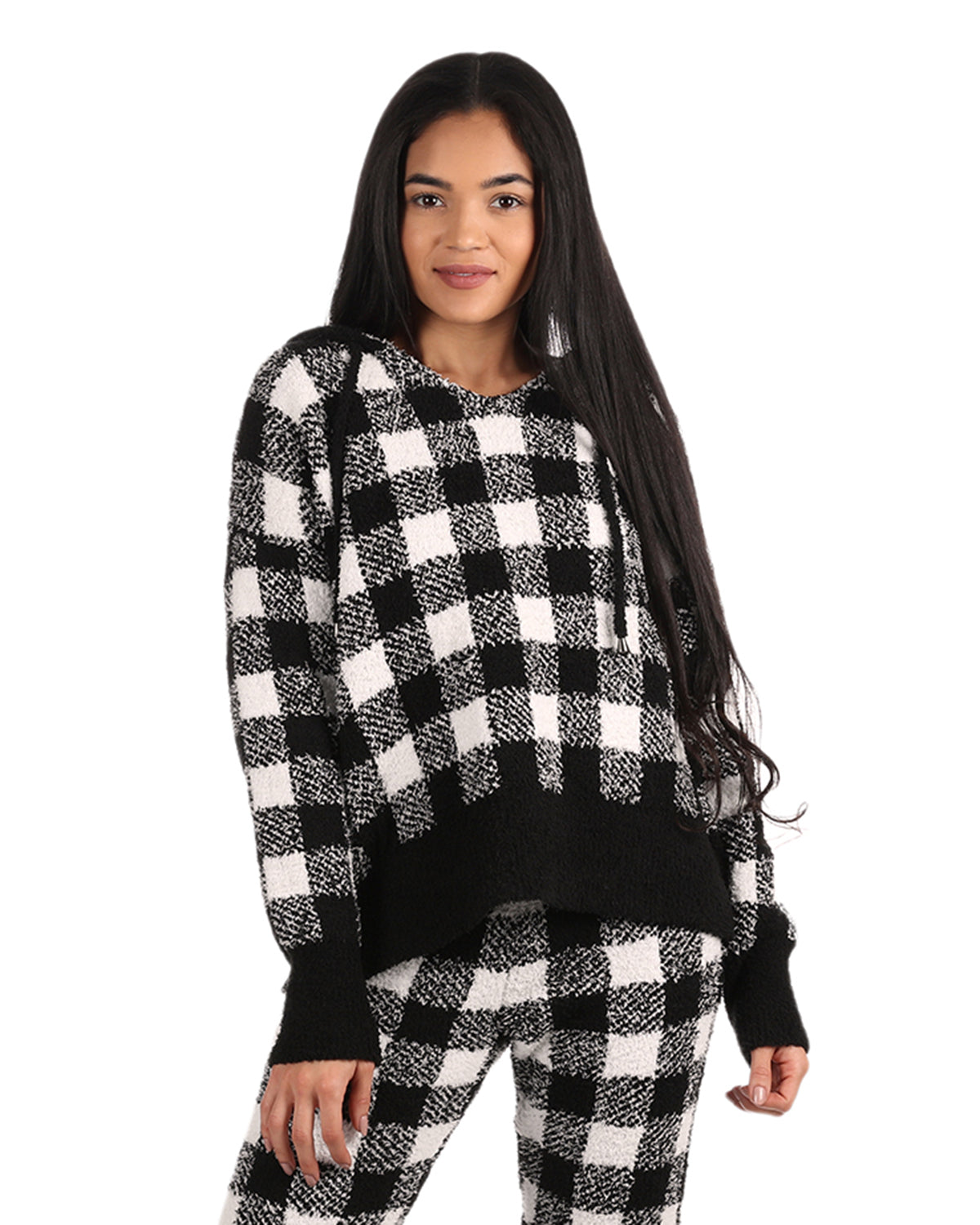 Women's Buffalo Check Cozy Knit Drawstring Hoodie - Charming Charlie