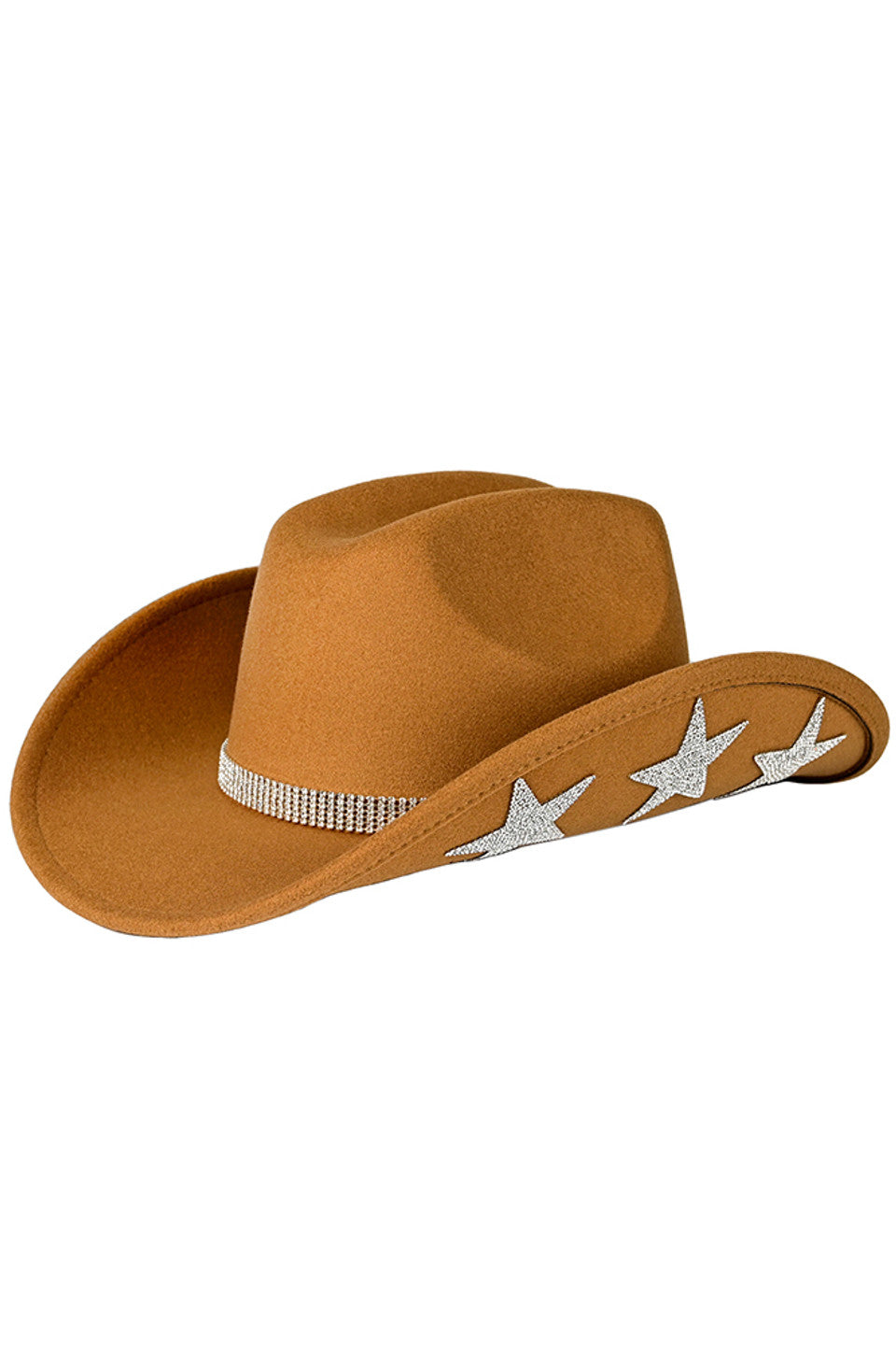 Camel C.C American Flag Theme Star Stone Vegan Felt Cowboy Hat is expertly crafted with vegan felt materials and adorned with an American flag themed star stone. The result is a stylish and eco-friendly cowboy hat that allows you to proudly express your patriotism. Designed for comfort and durability.