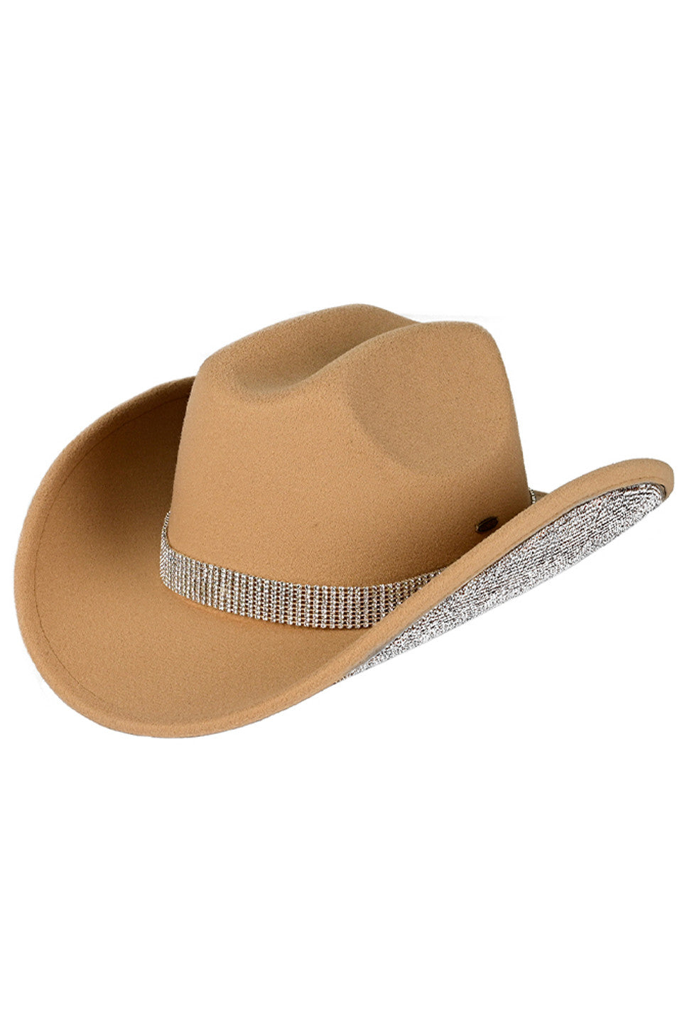 Camel C.C Rhinestone Trim Vegan Cowboy Hat adds a touch of glam to any Western look. Made with vegan materials, it's cruelty-free and environmentally friendly. The rhinestone trim adds a subtle sparkle while the cowboy hat design keeps you shaded and stylish. Perfect for any fashion-forward and conscious cowgirl.