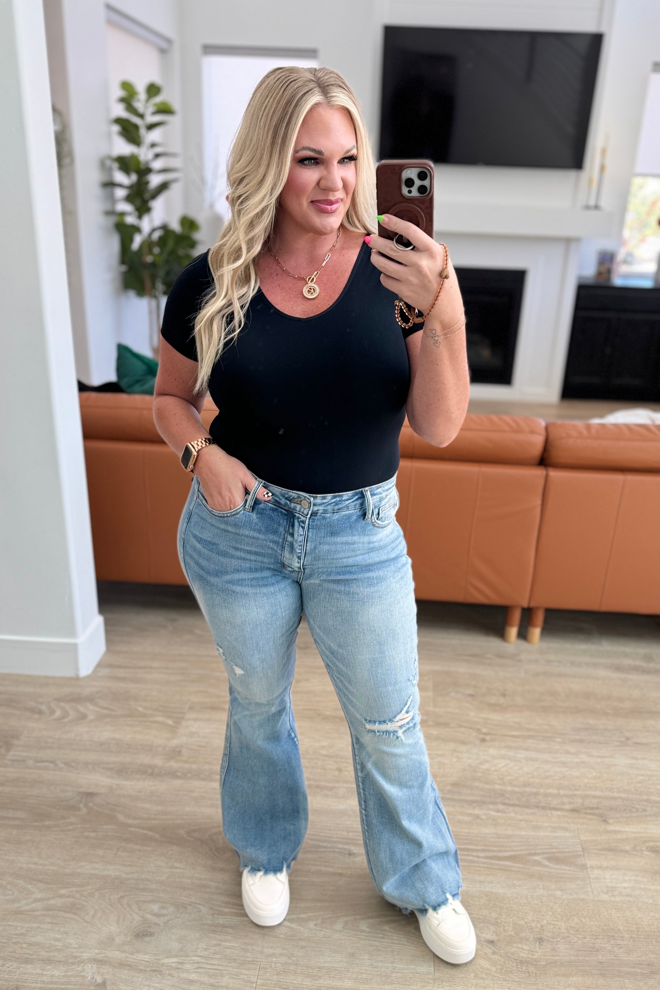 Caroline Mid Rise Control Top Distressed Flare Jeans - Charming Charlie
