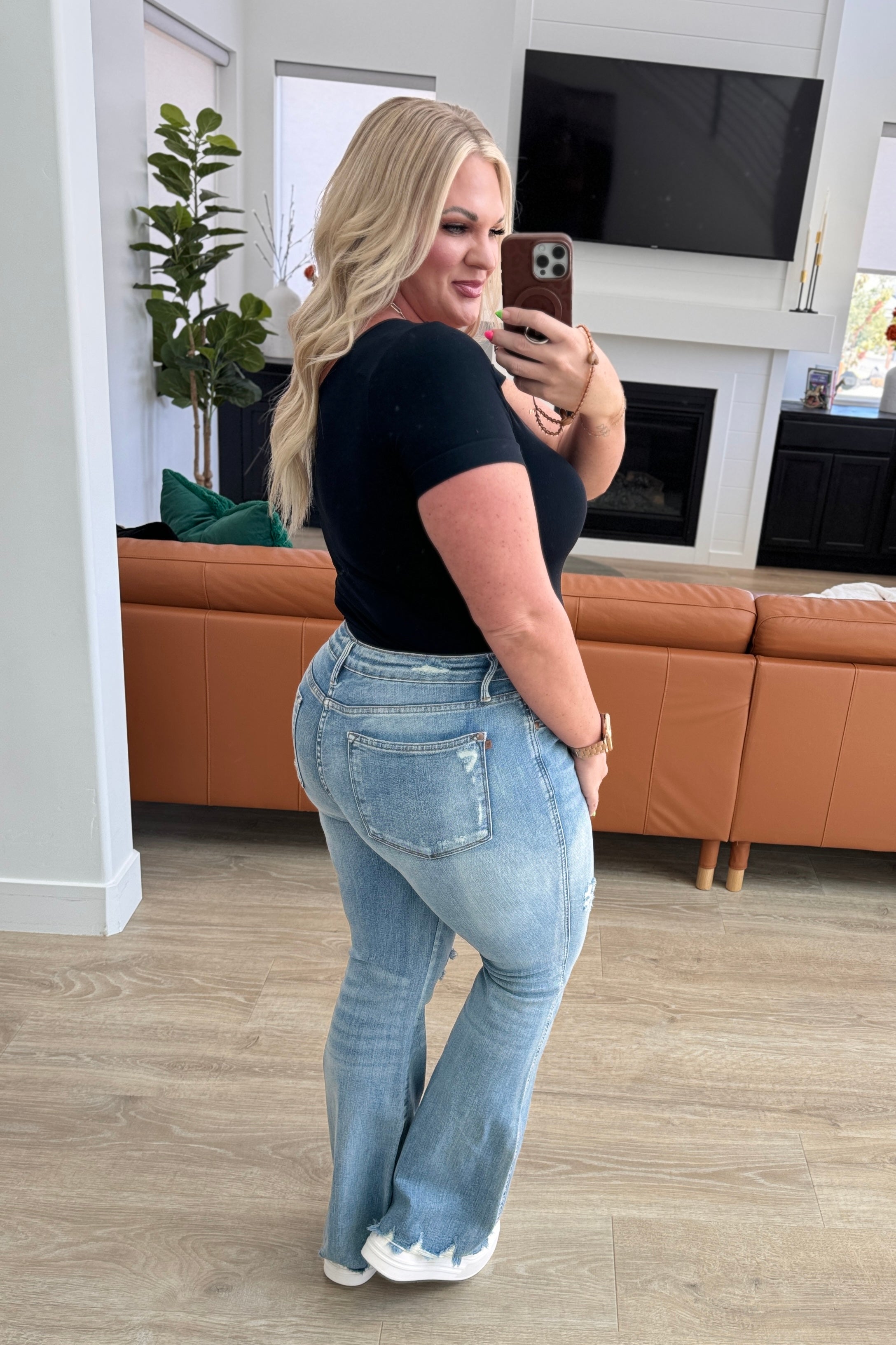 Caroline Mid Rise Control Top Distressed Flare Jeans - Charming Charlie