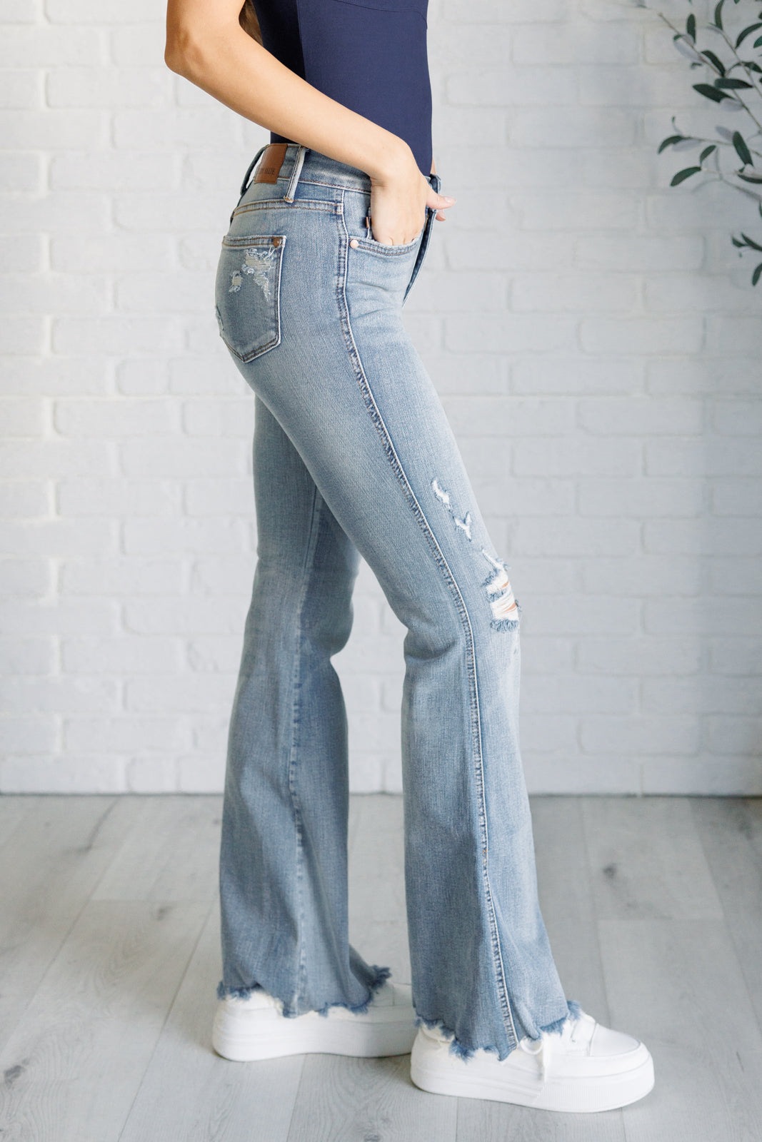 Caroline Mid Rise Control Top Distressed Flare Jeans - Charming Charlie