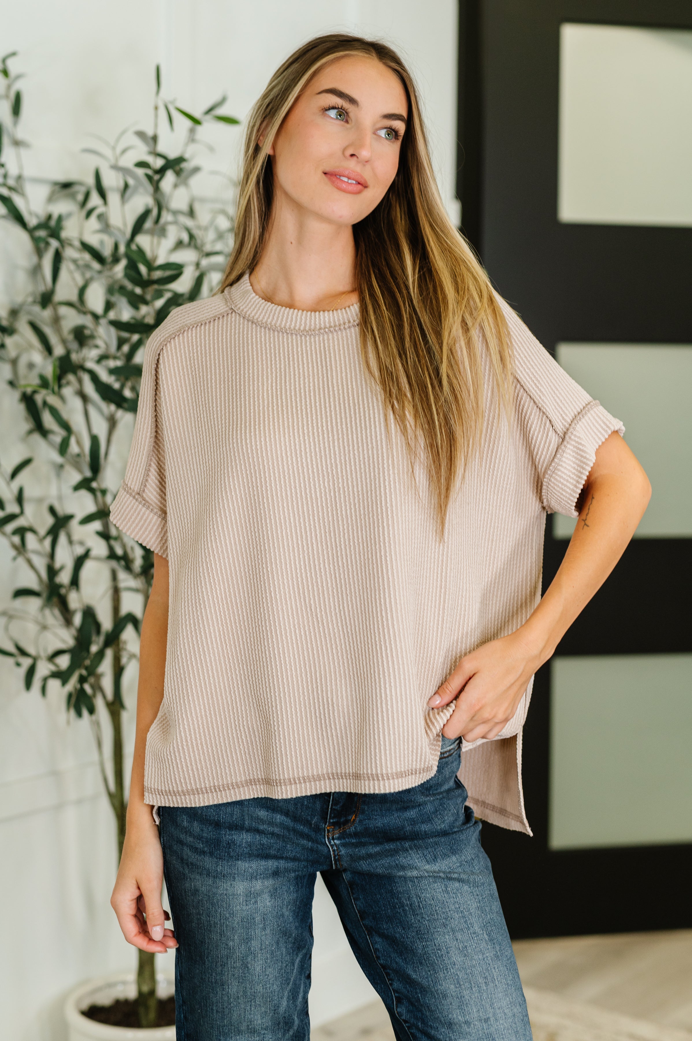 Catch Me Loungin’ Cable Ribbed Knit Top in Ash Mocha - Charming Charlie