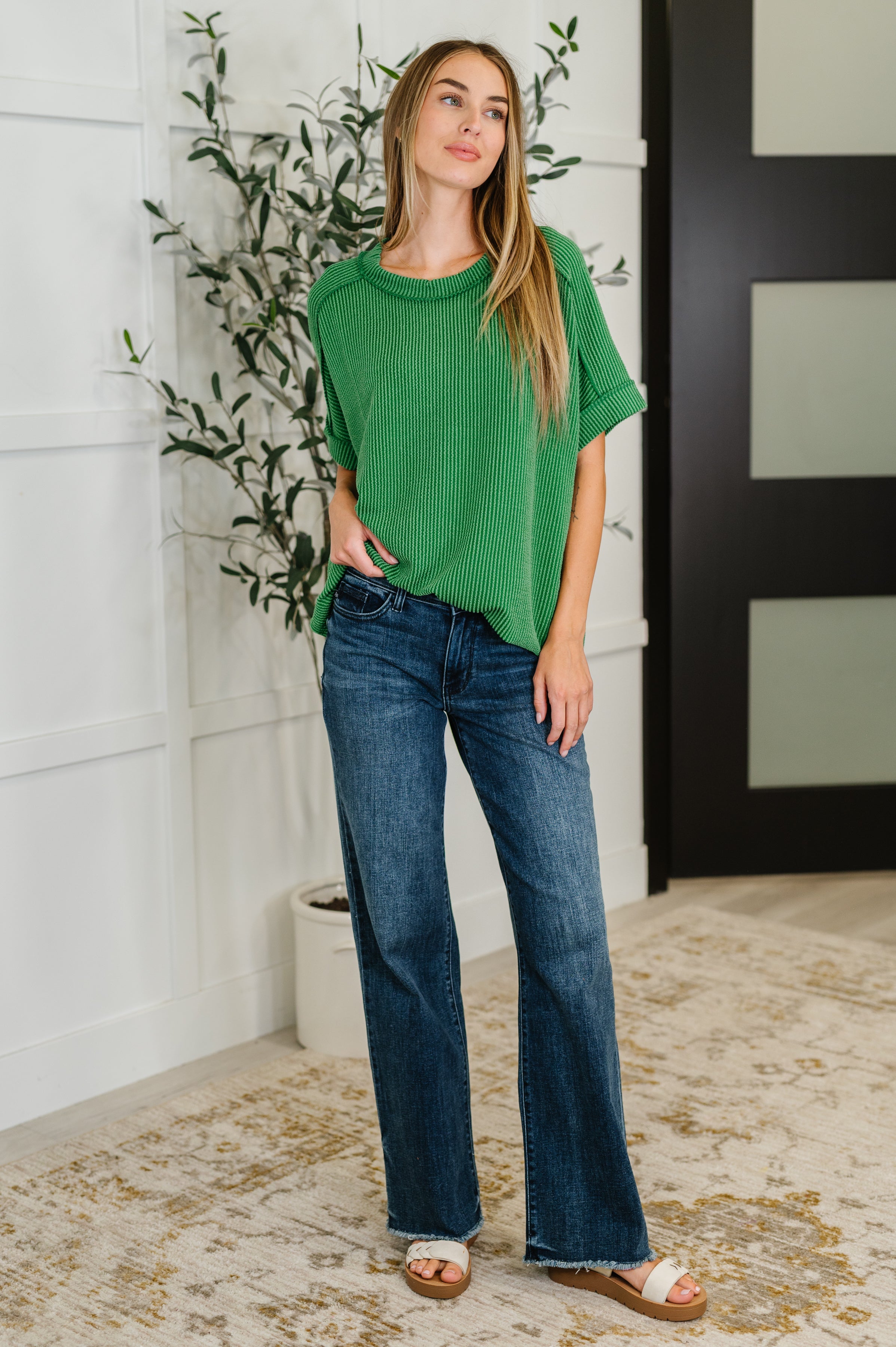 Catch Me Loungin’ Cable Ribbed Knit Top in Dark Green - Charming Charlie