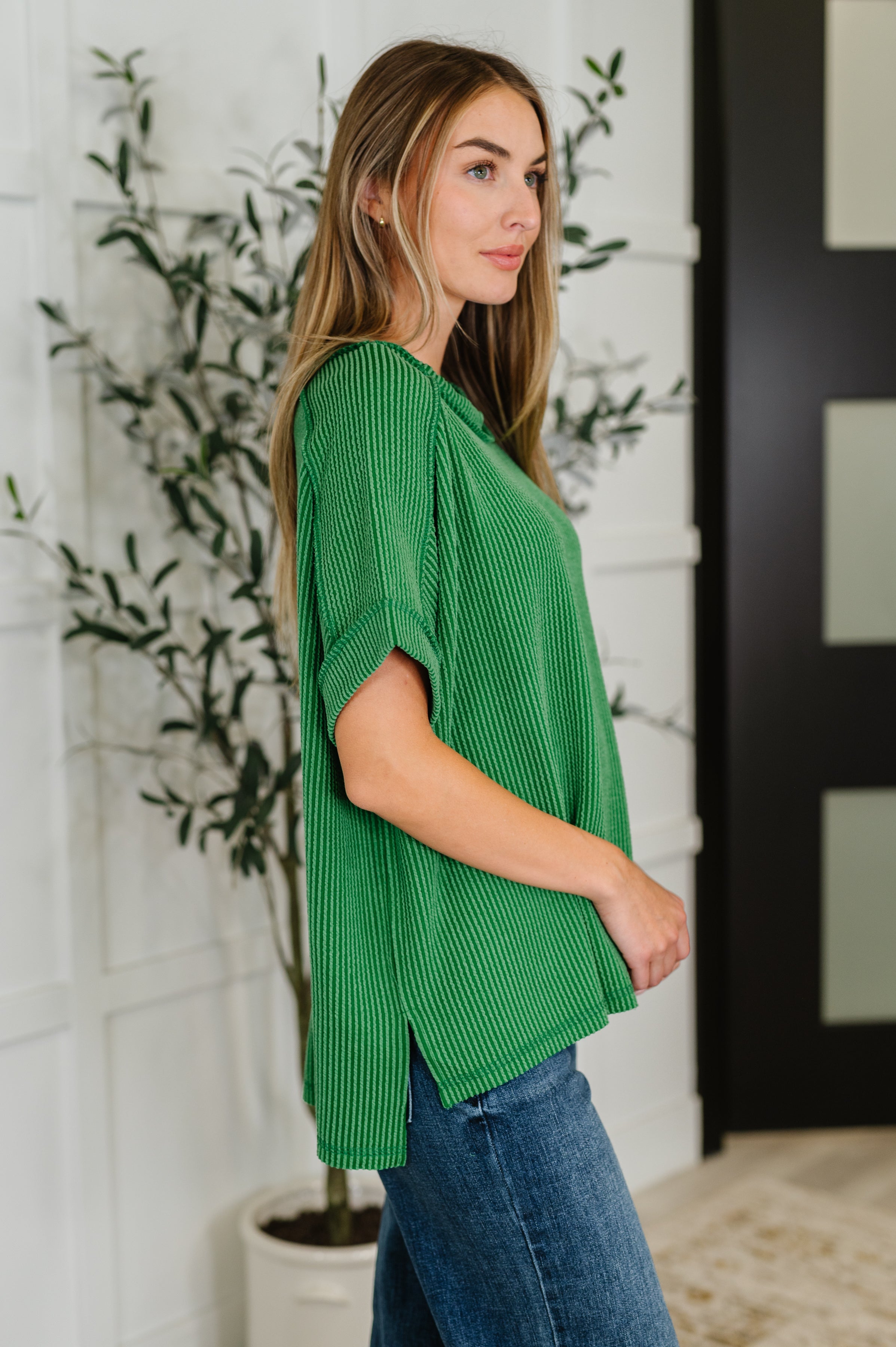 Catch Me Loungin’ Cable Ribbed Knit Top in Dark Green - Charming Charlie