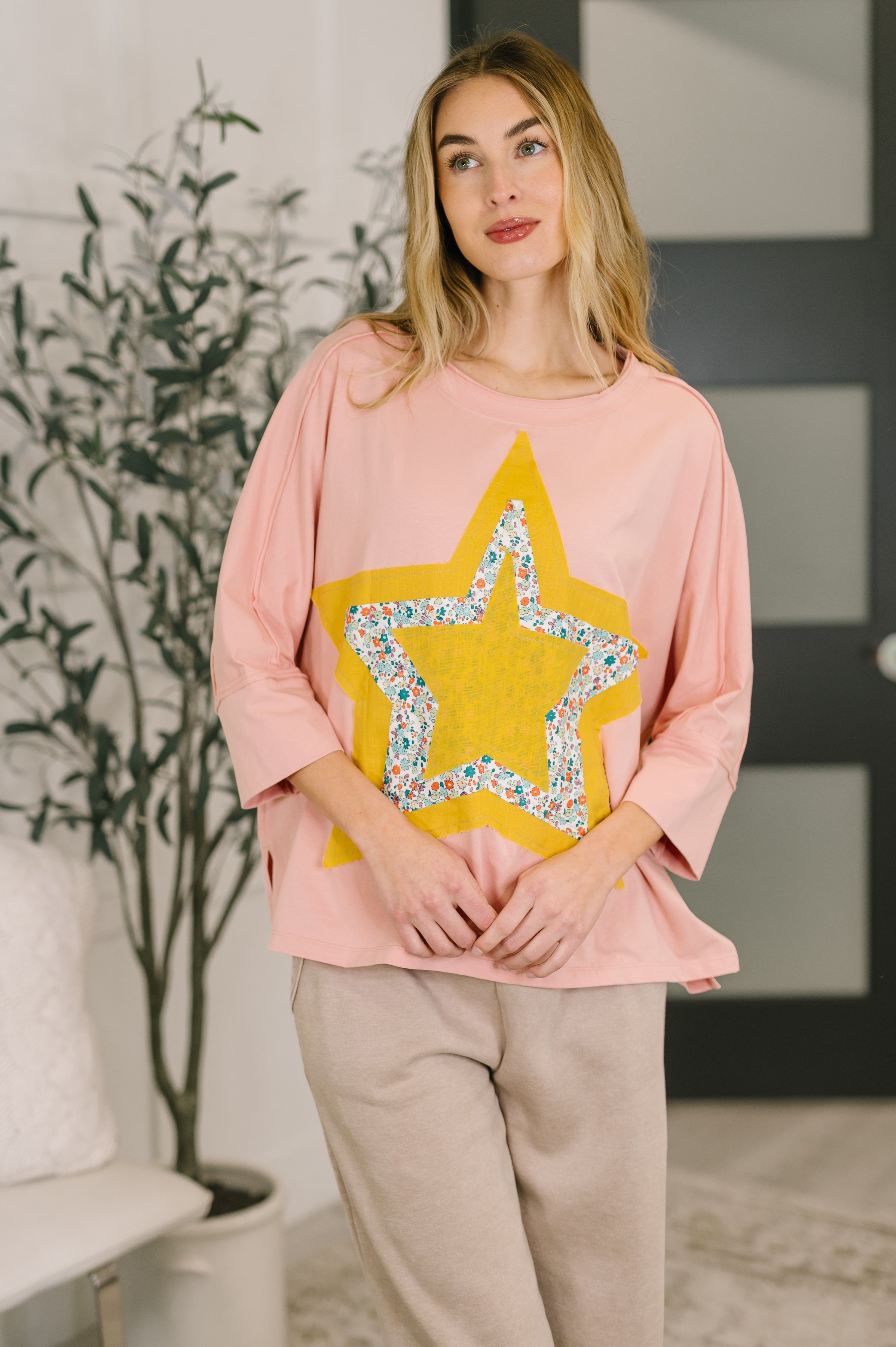 Catch a Star Mixed Print Star Patch Top - Charming Charlie
