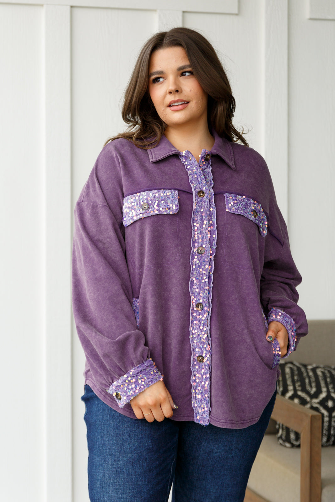 Chaos of Sequins Shacket in Purple - Charming Charlie