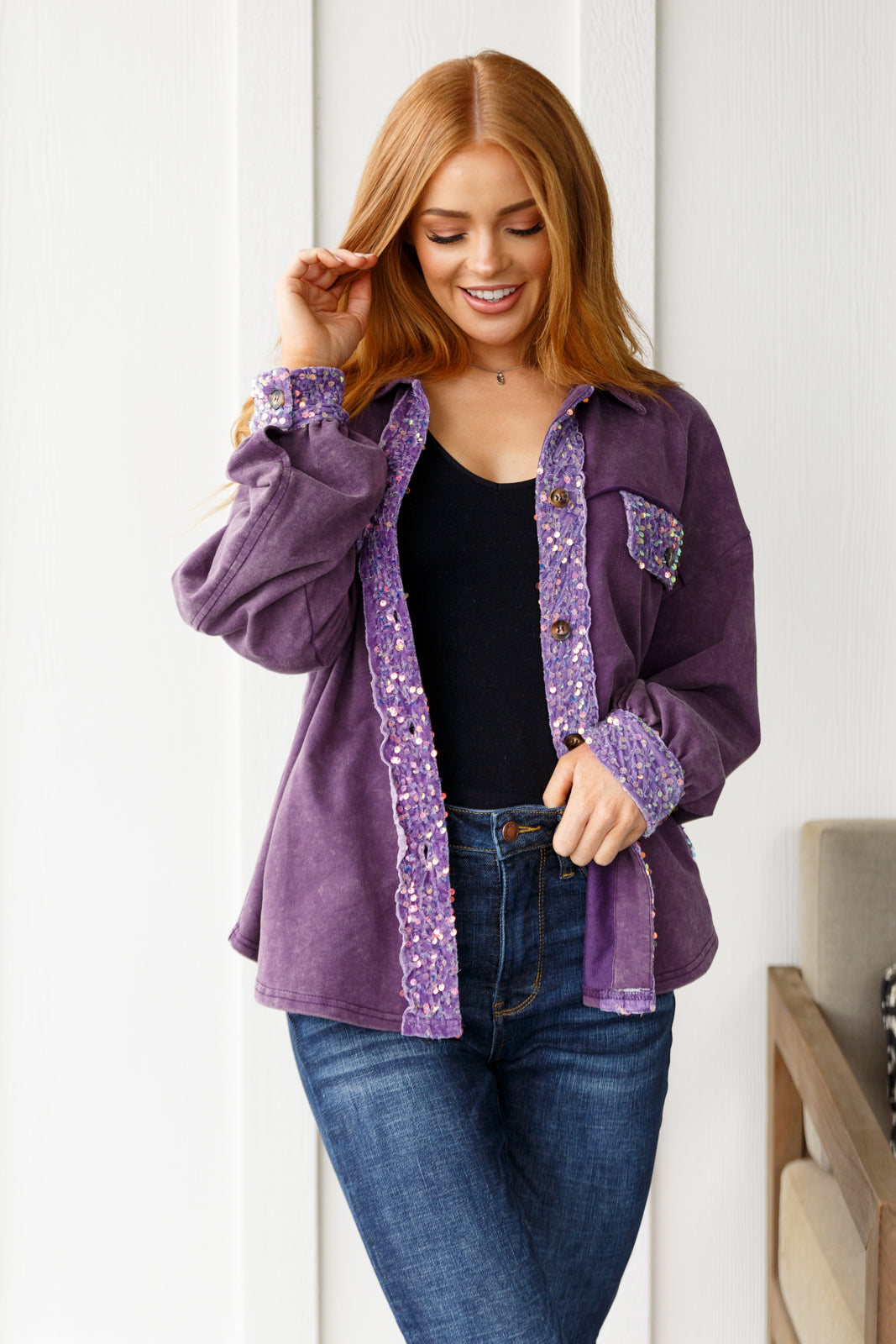 Chaos of Sequins Shacket in Purple - Charming Charlie