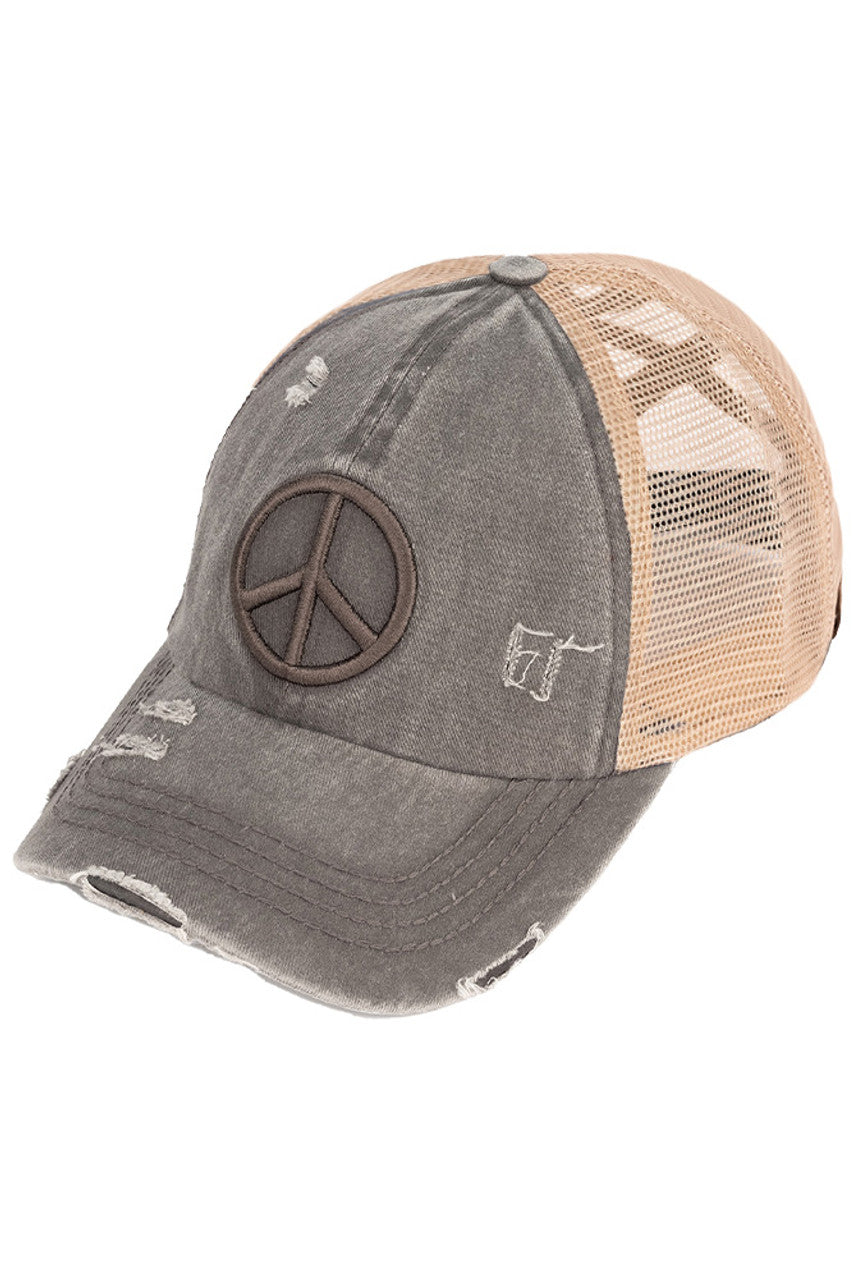 Charcoal C.C PEACE SIGN DISTRESSED PONY CAP - the perfect addition to your wardrobe for a trendy look. Made from high-quality materials, this cap features a peace sign design and distressed details that add character and edge to any outfit. Stay stylish and spread good vibes with this cap.