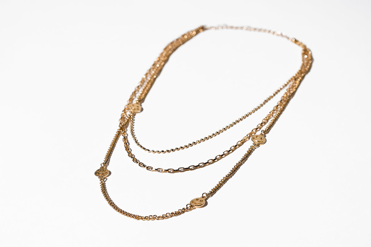 Gold Smile Face 3 Row Necklace - Charming Charlie