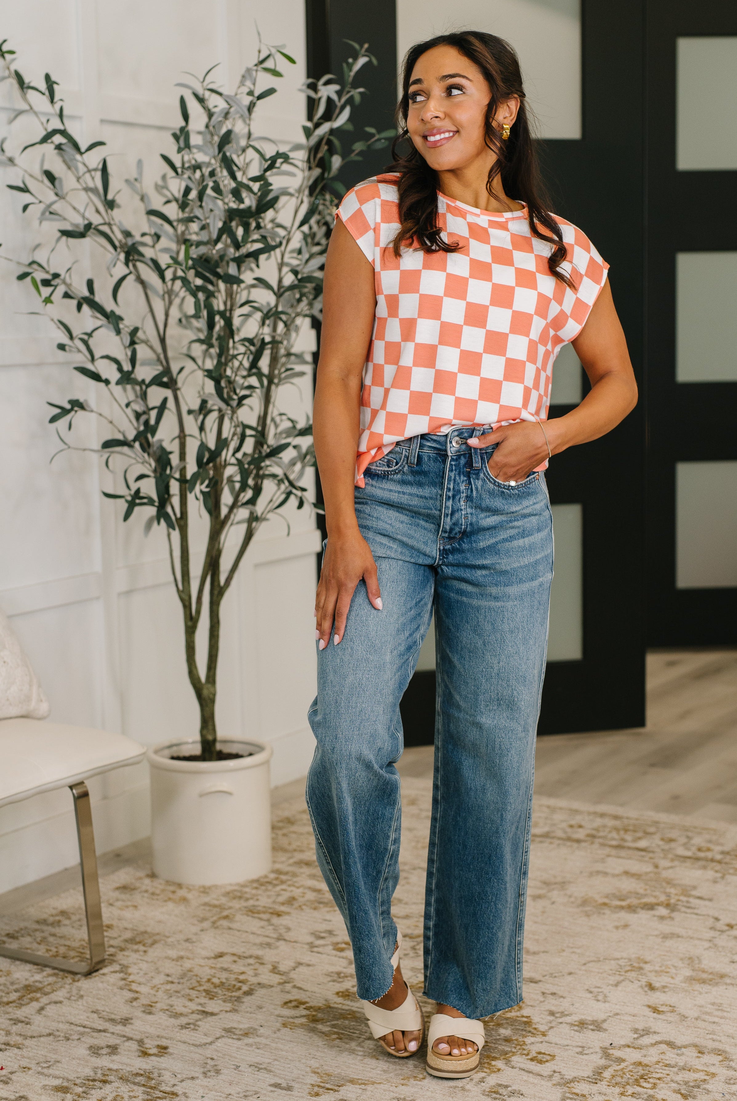 Check Hers Round Neck Top in Orange - Charming Charlie