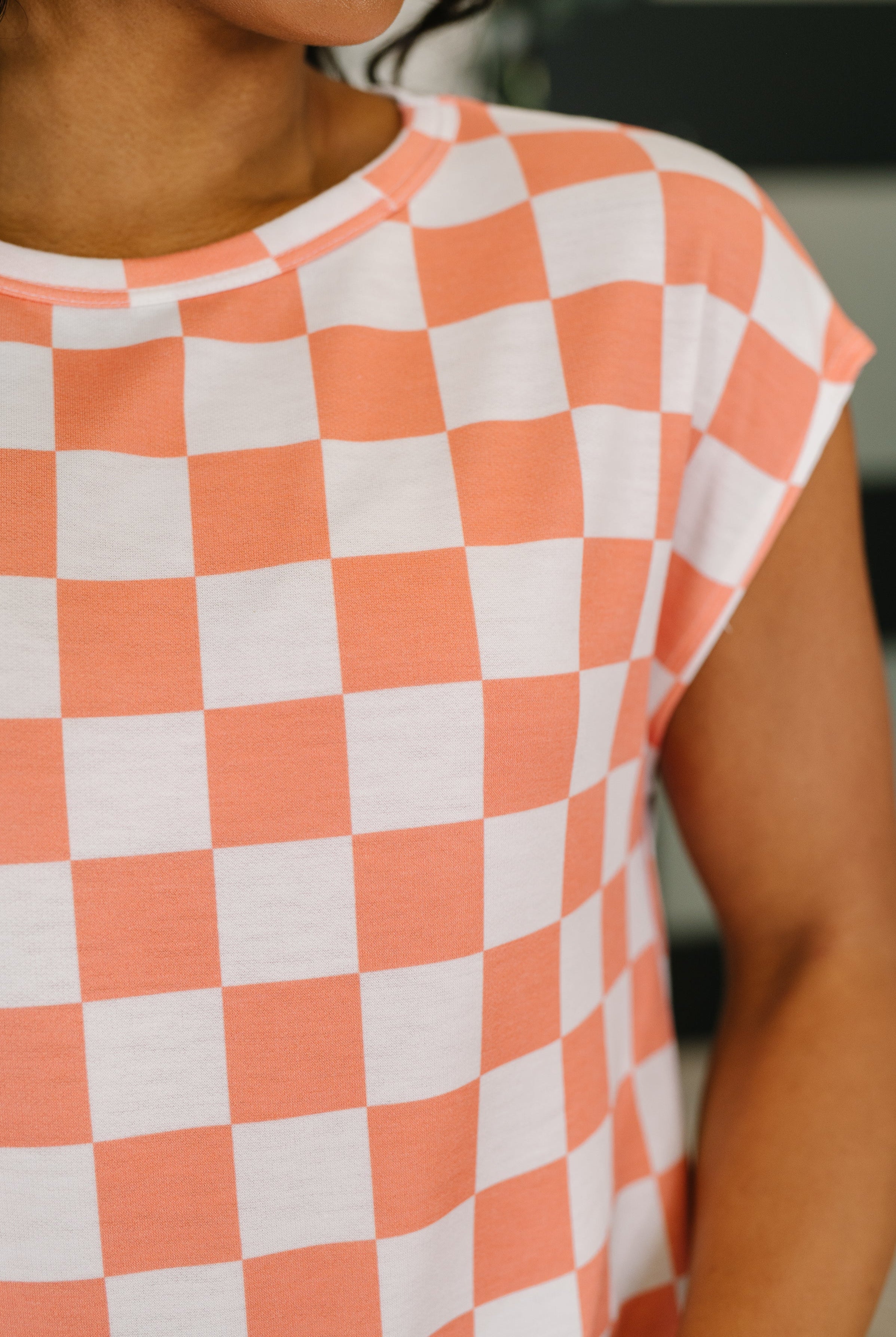 Check Hers Round Neck Top in Orange - Charming Charlie