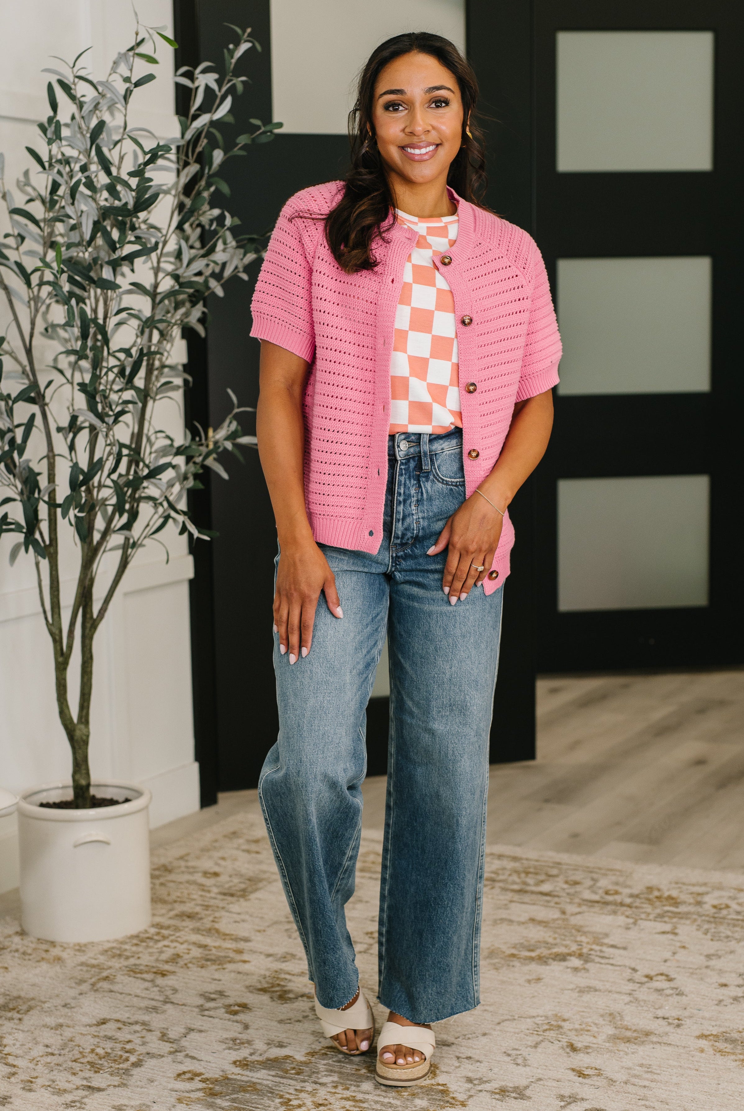 Check Hers Round Neck Top in Orange - Charming Charlie