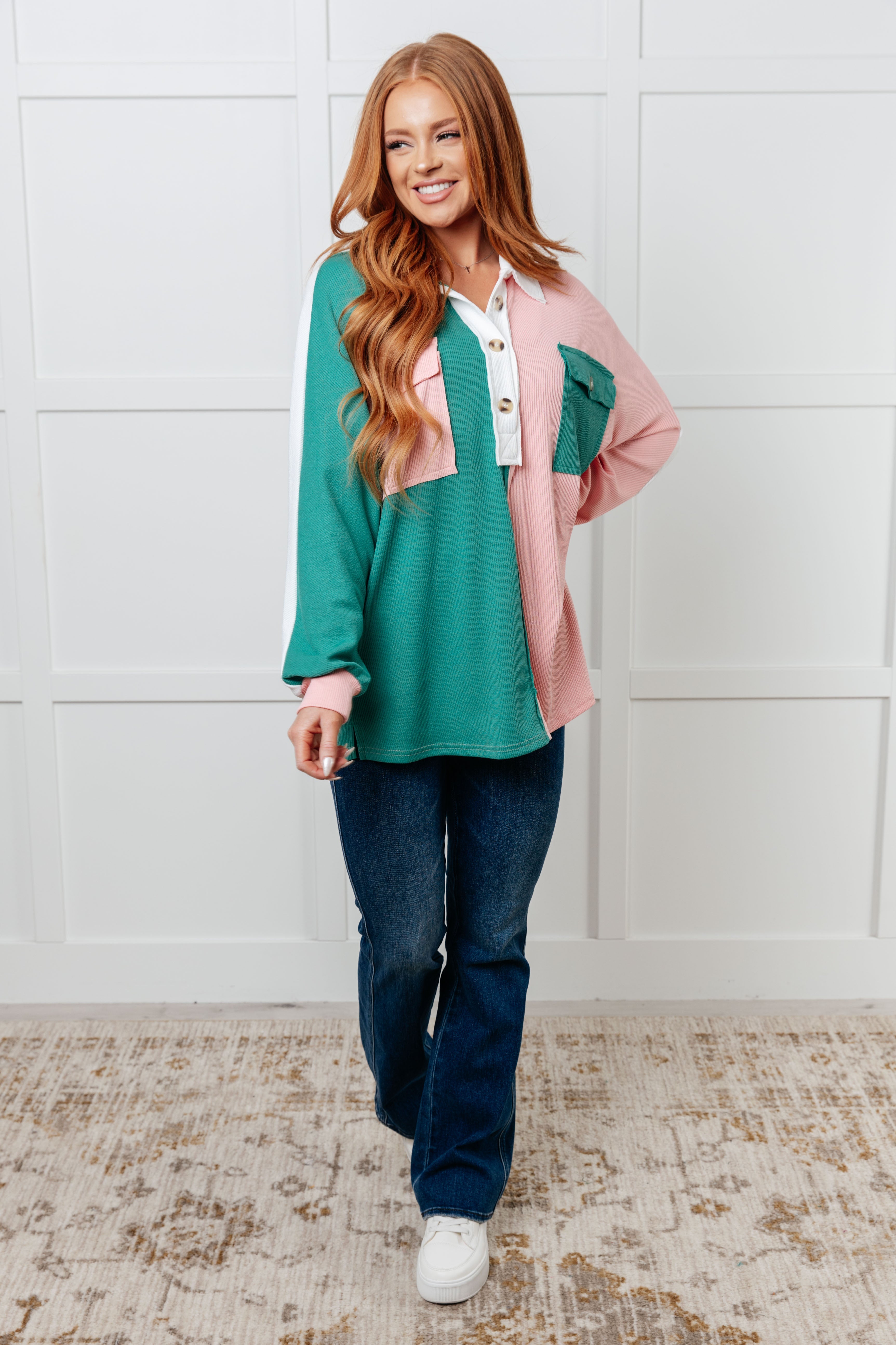 Chip Off the Old Colorblock V-Neck Henley in Green - Charming Charlie