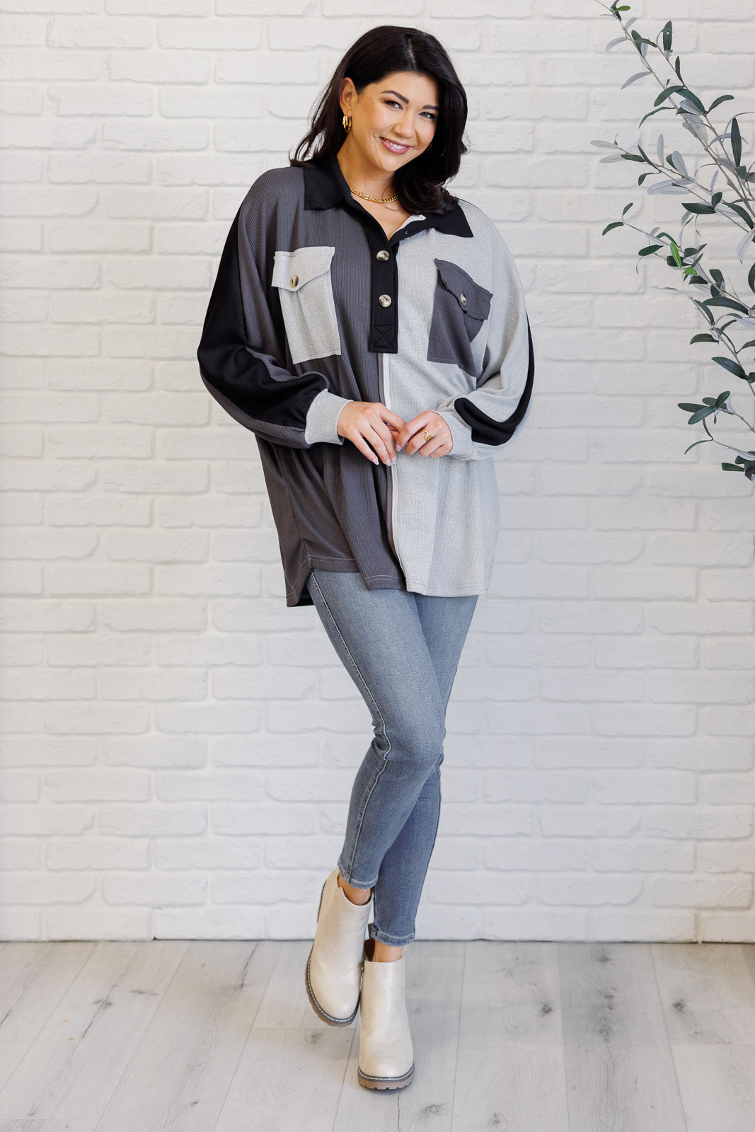 Chip Off the Old Colorblock V-Neck Henley in Grey - Charming Charlie